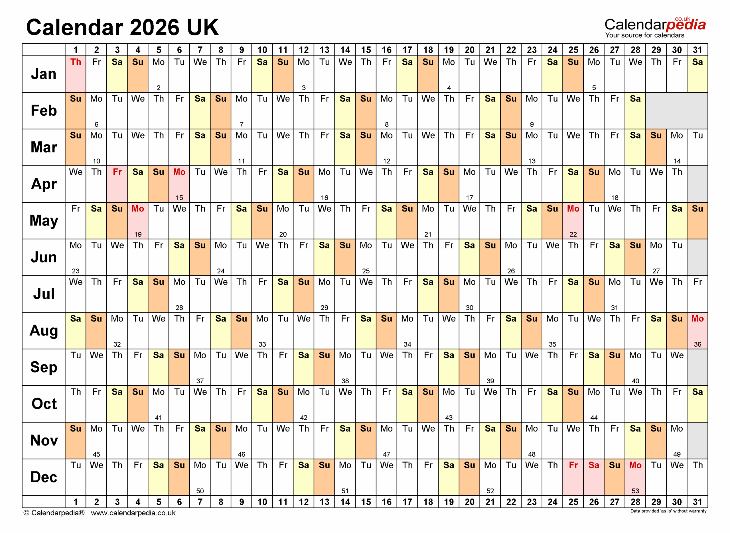 Calendar 2026 UK Free Printable PDF Templates