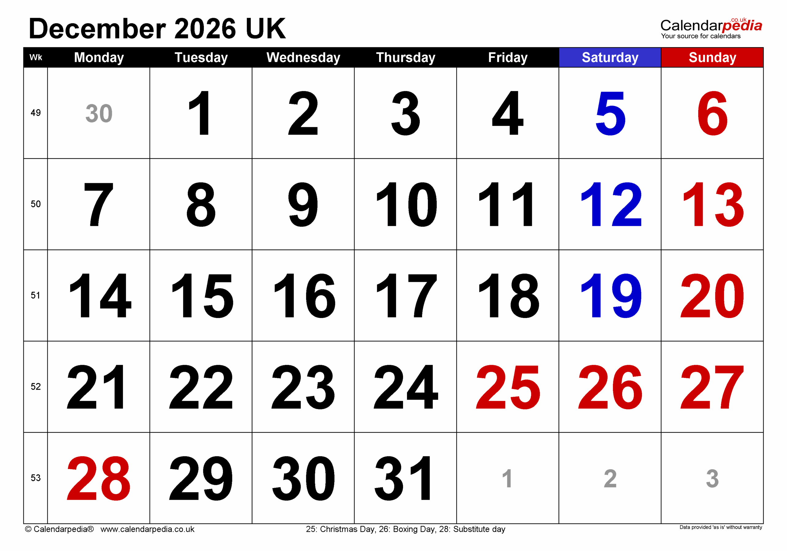Printable Calendar Daily December 2026