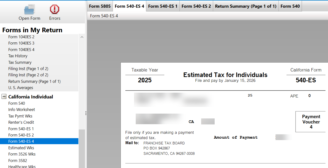 California 540 ES Estimated Tax Voucher 4 Missing