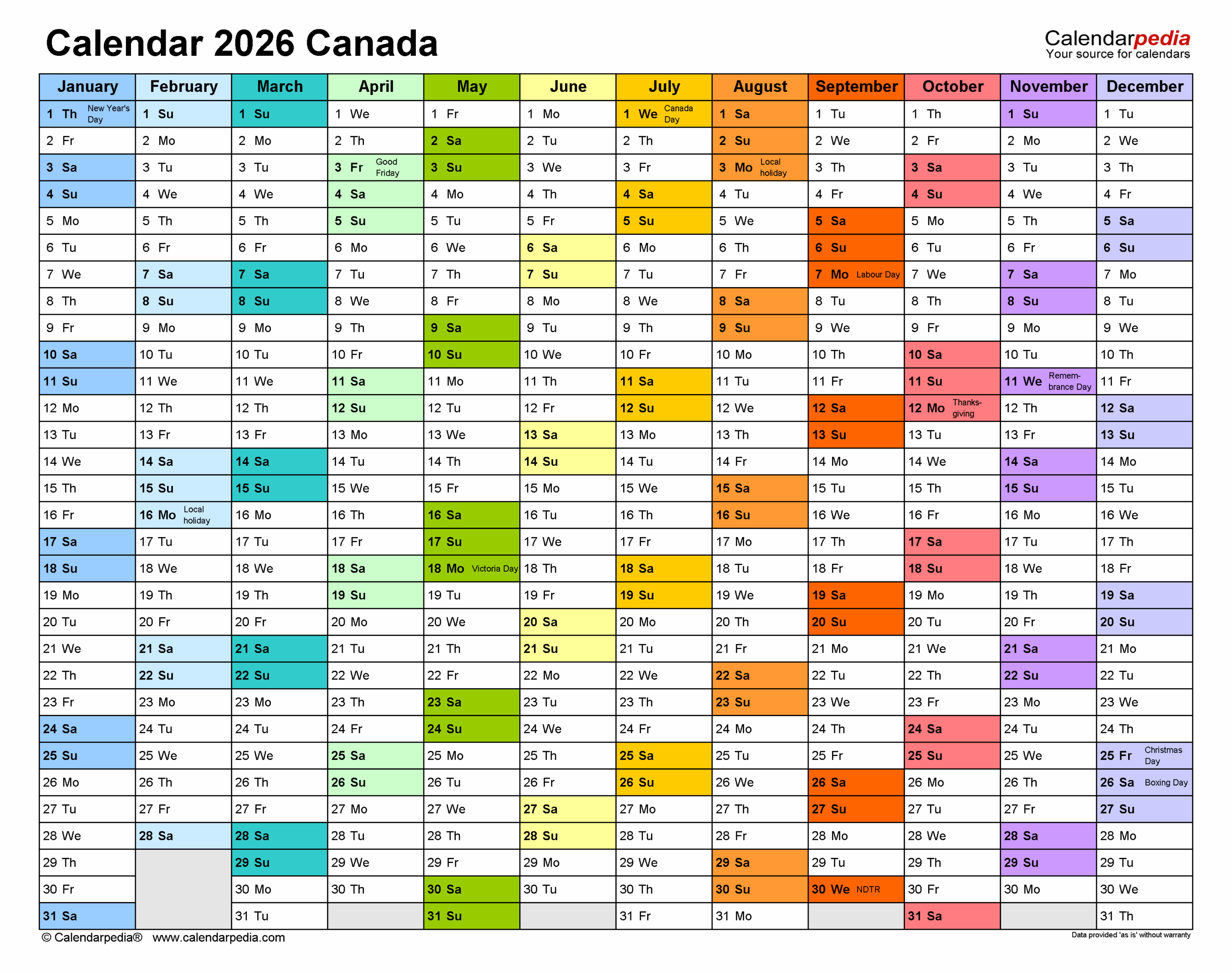 Calendar 2026 With Holidays Canada