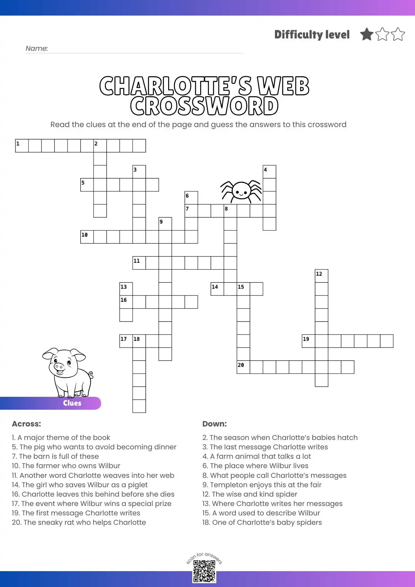 Charlotte s Web Crossword Puzzle Free Printable Literature Fun 