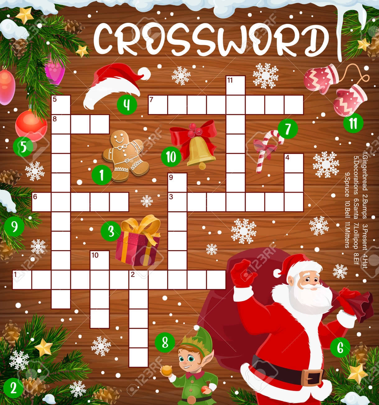 Christmas Crossword Cross Puzzle With Santa And Gifts Pine Tree 