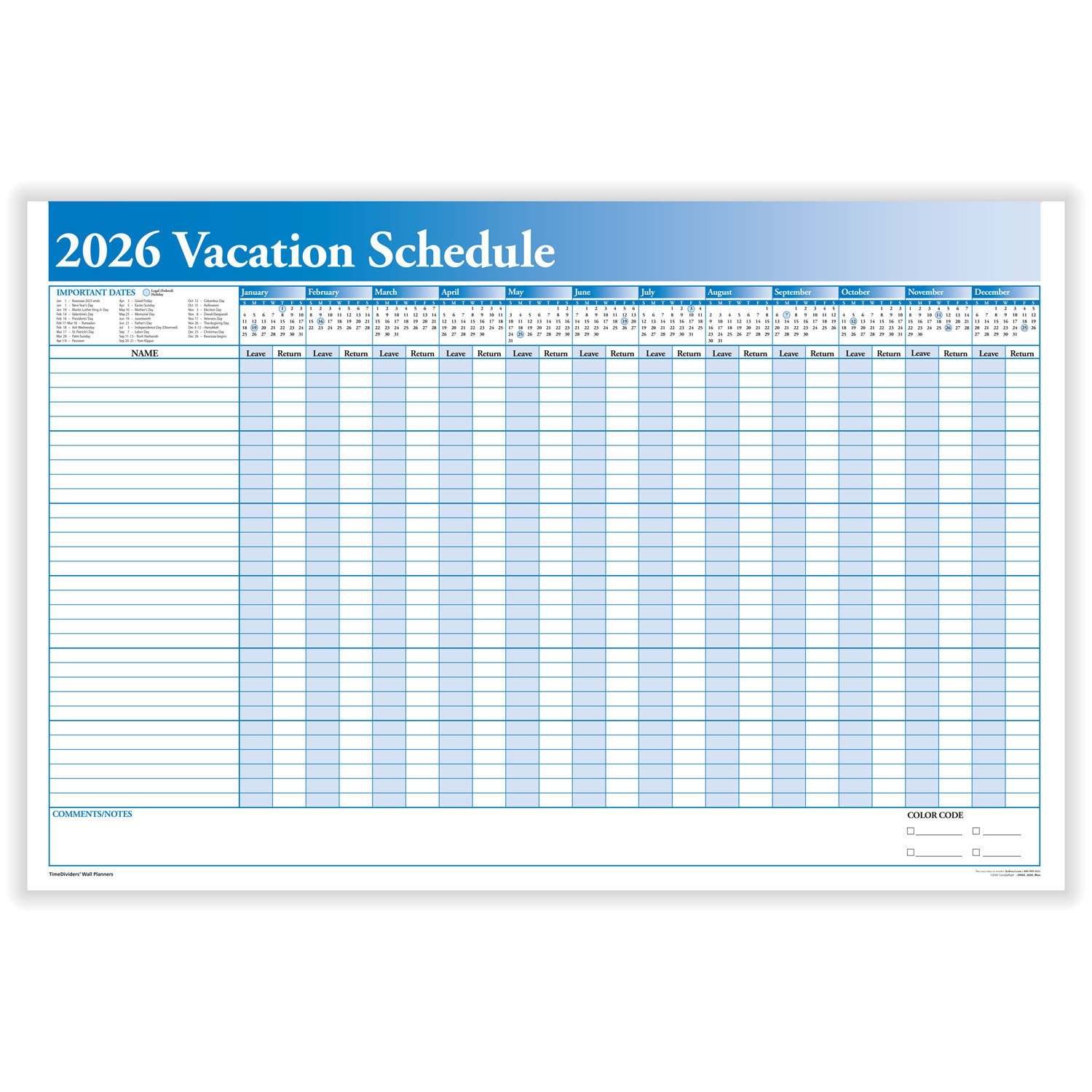 ComplyRightDealer 2026 Full Vacation Schedule 36 X 24 