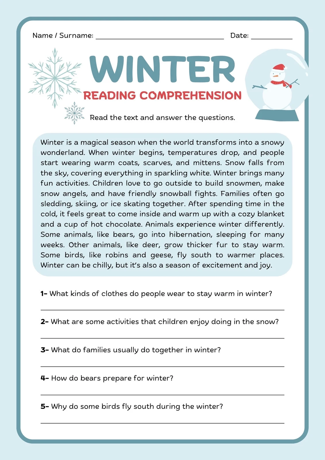 Free Printable Reading Worksheets For Grade 4