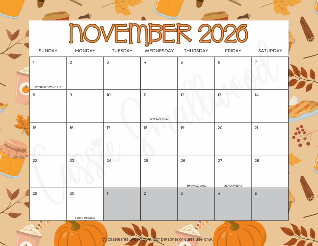 Kids Printable Calendar November 2026