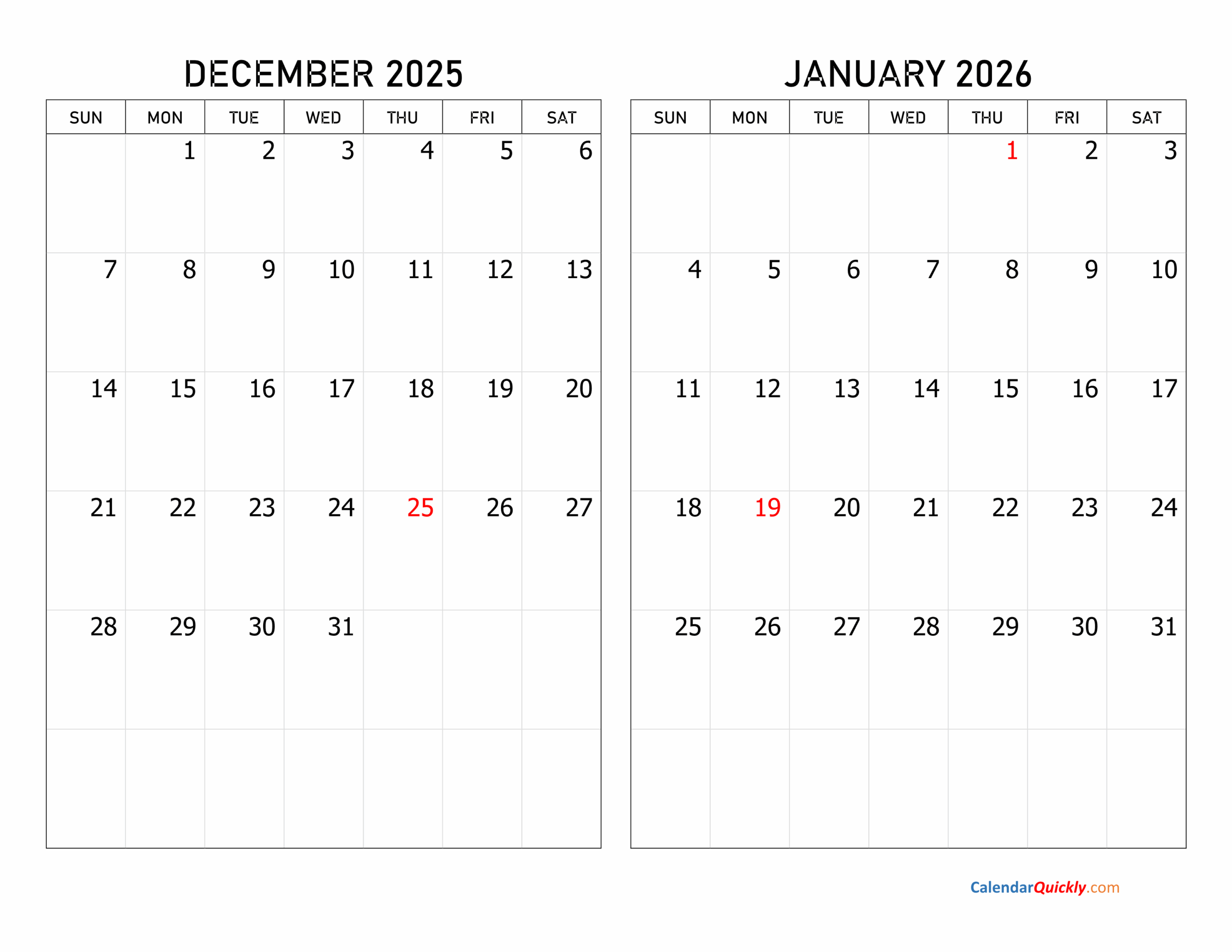 January December 2026 Calendar Printable