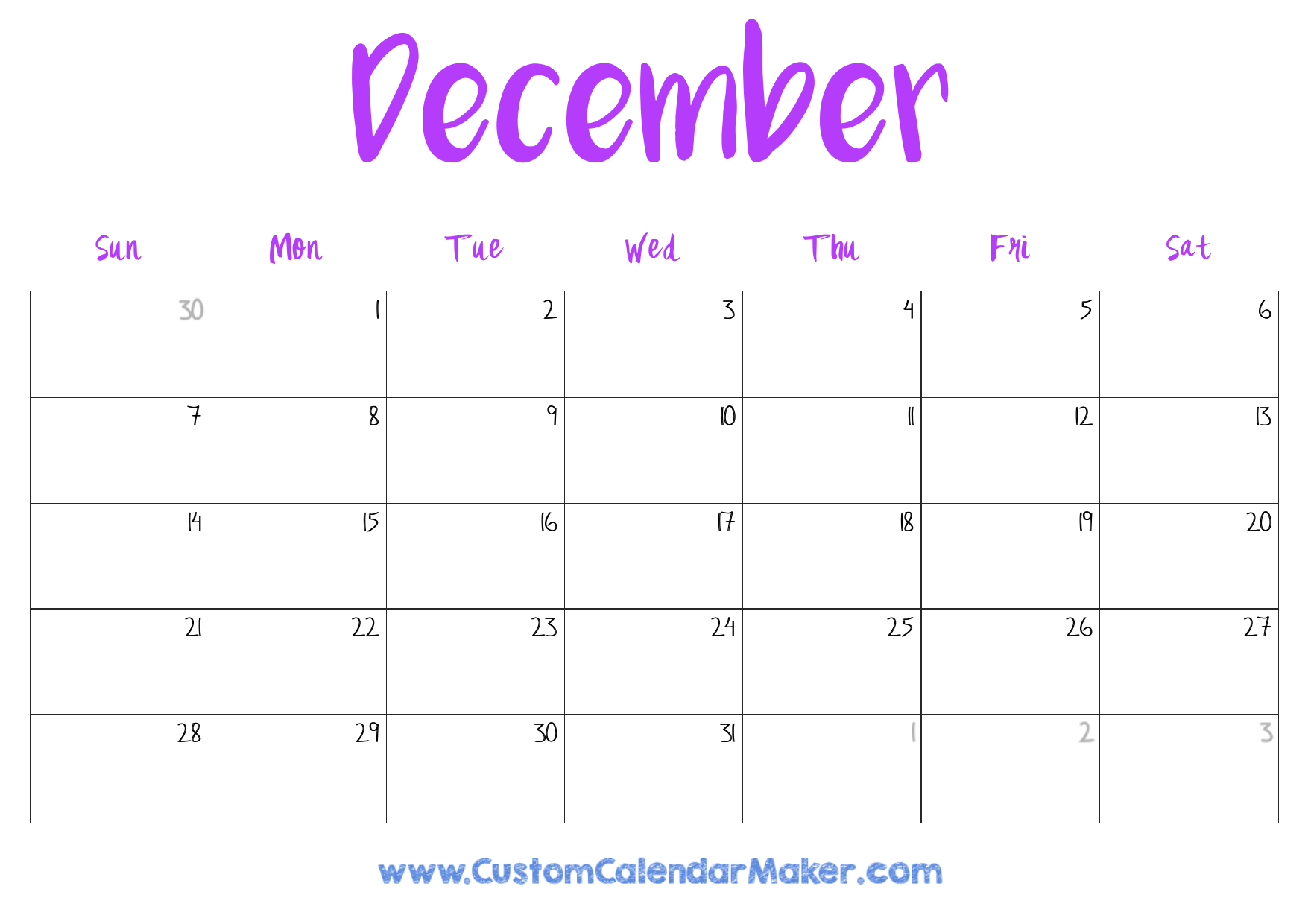 Printable Blank December Calendar