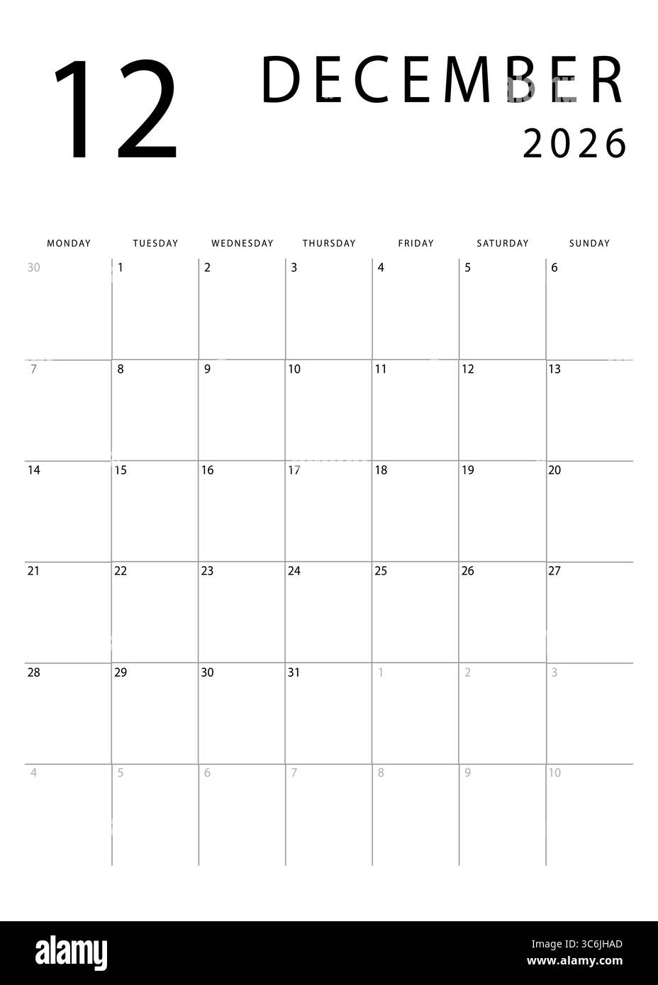 December 2026 Calendar Starting Monday