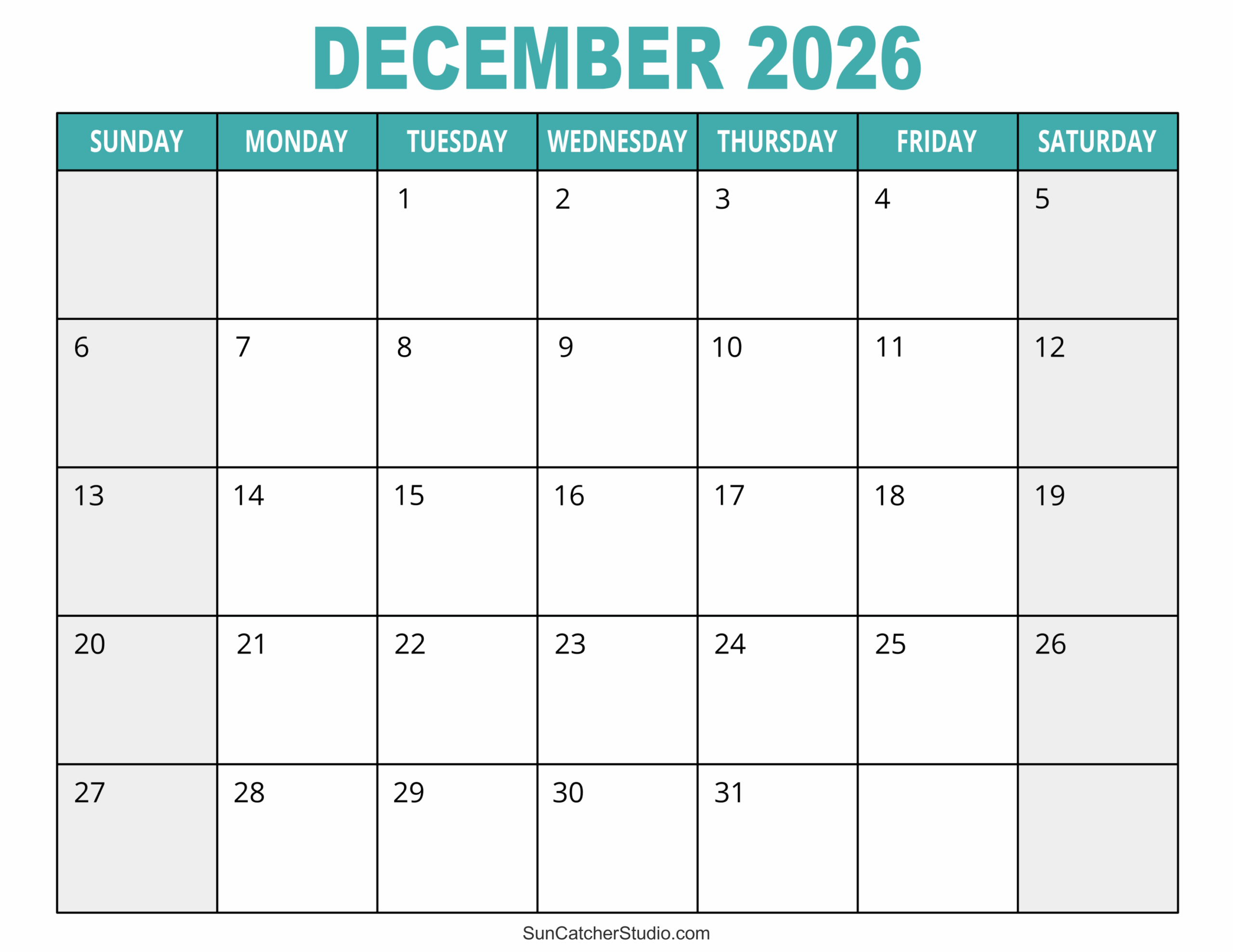 Calligraphy Printable Calendar December 2026