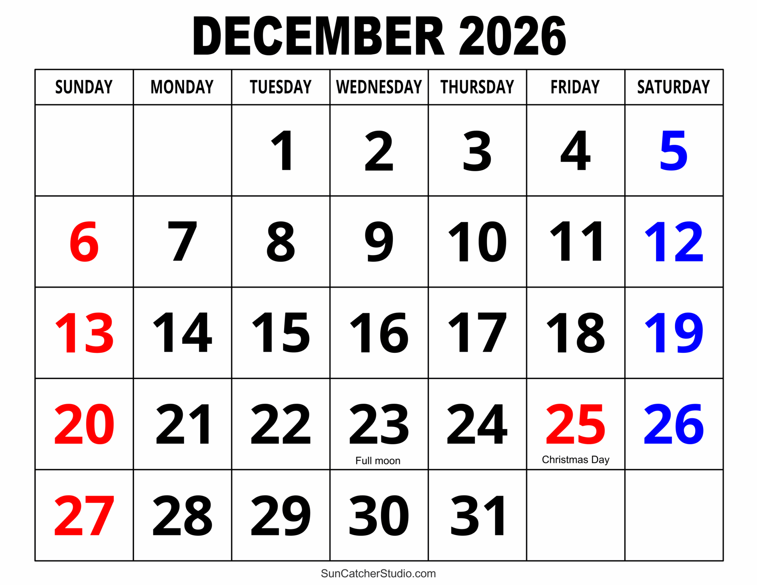 Printable Coloring Calendar 2026 December