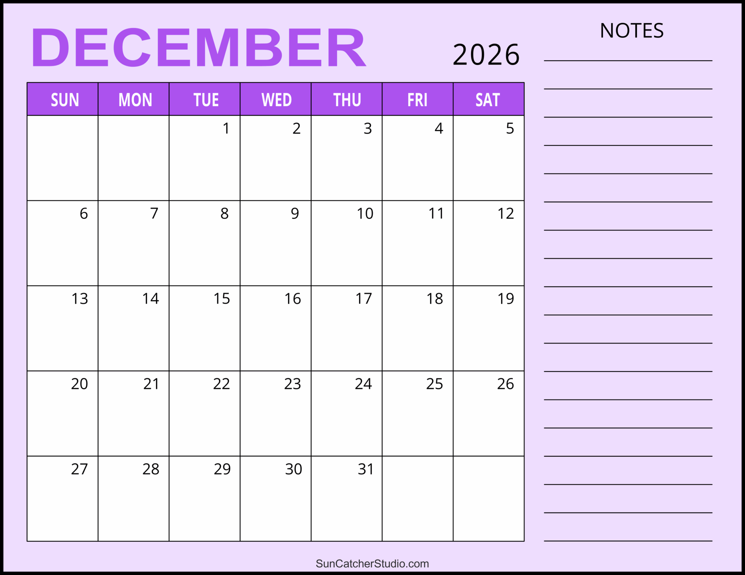 December Printable 2026 Calendar