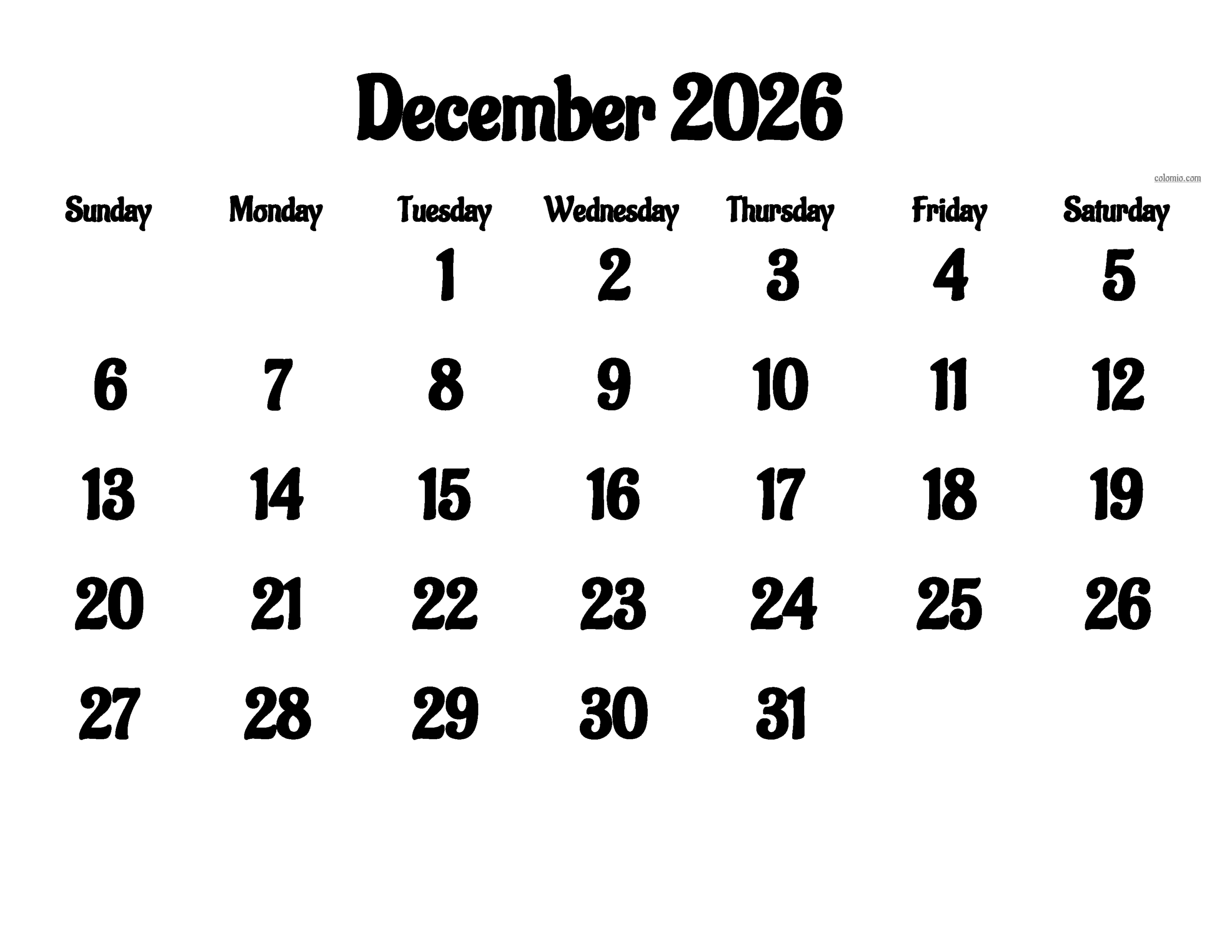 December 2026 Calendar Free Printable PDF XLS And PNG Www December 2026 Calendar Free Printable PDF XLS And PNG Www