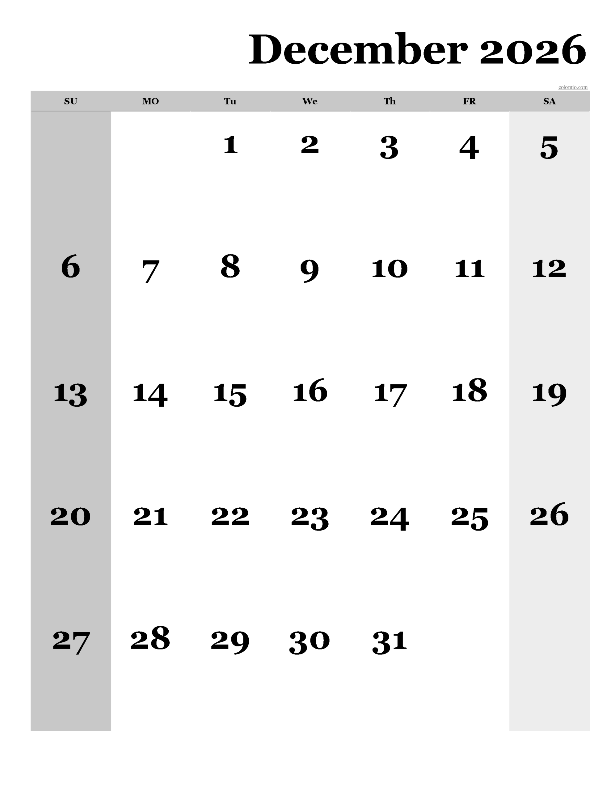 December 2026 Calendar Free Printable PDF XLS And PNG Www 