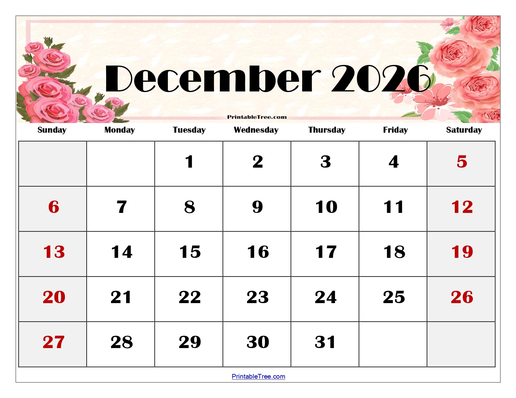 Free Printable December 2026 Calendar Christmas