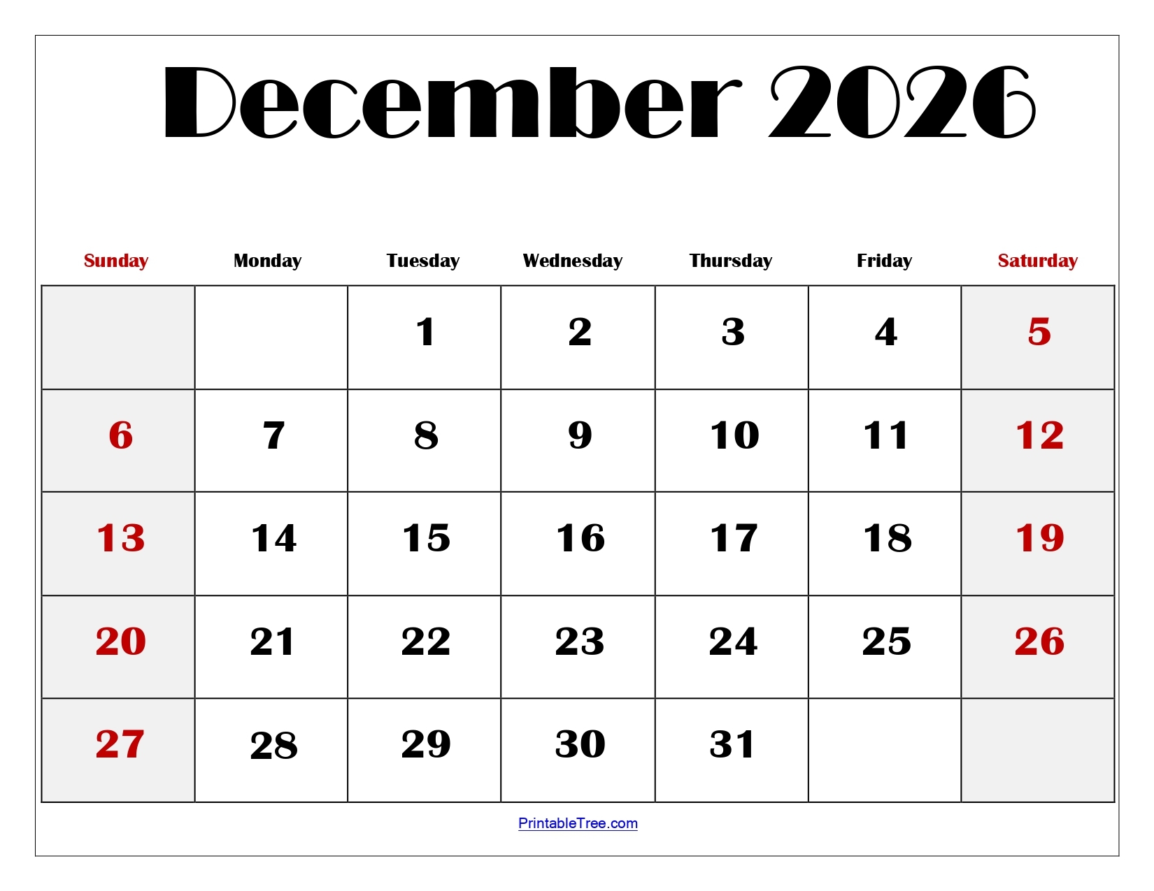 Blank December 2026 Calendar