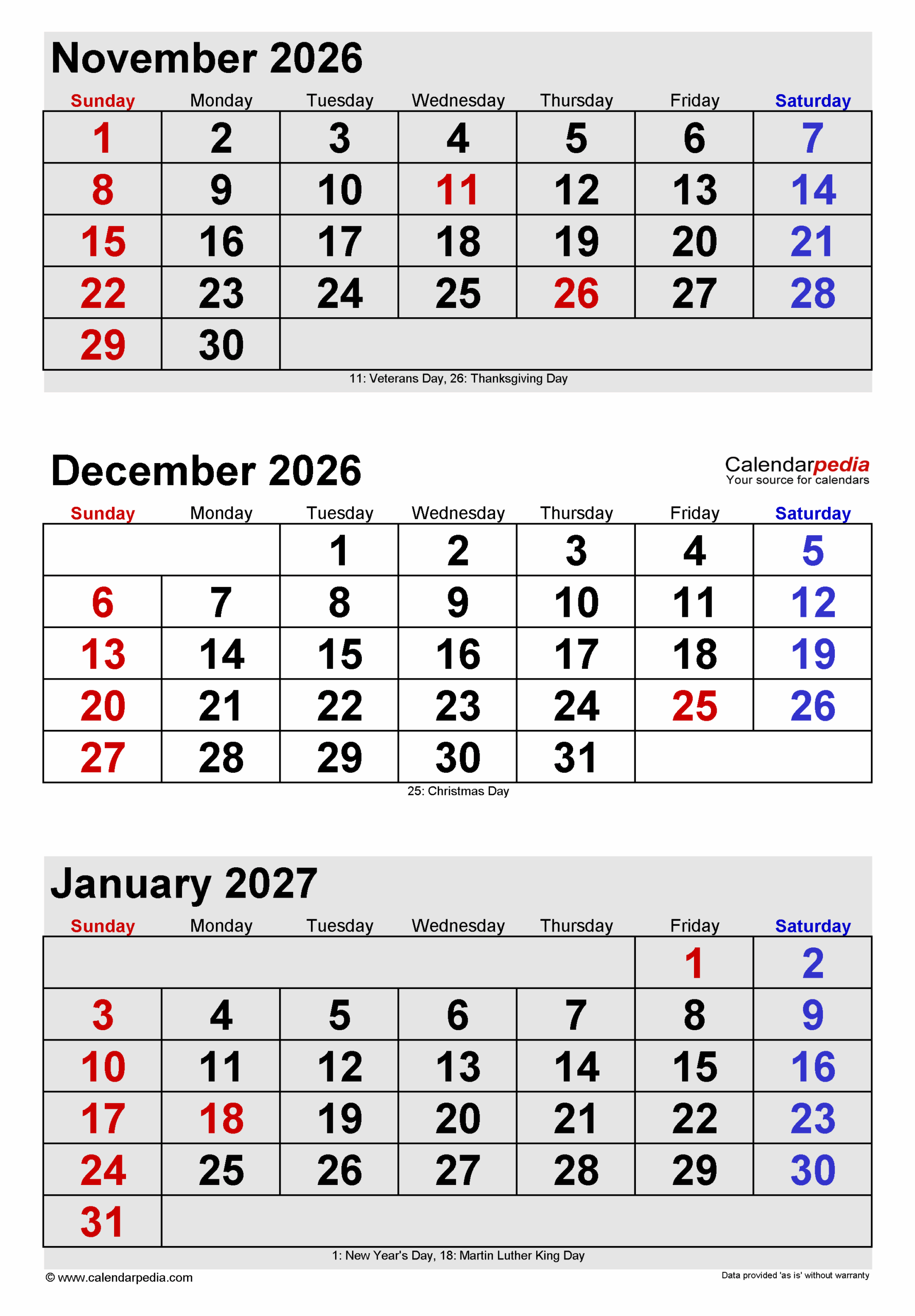 Printable Calendar December 2026 January 2027