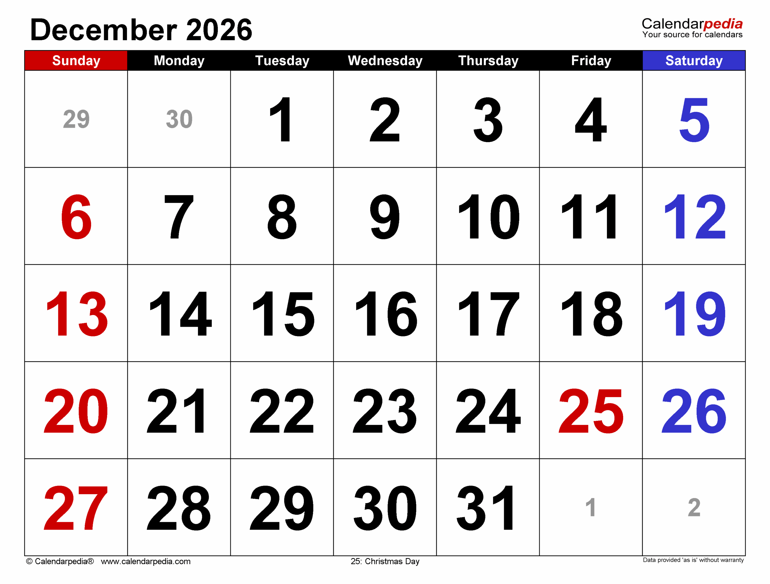 2026 December Calendar For Printable Calendar