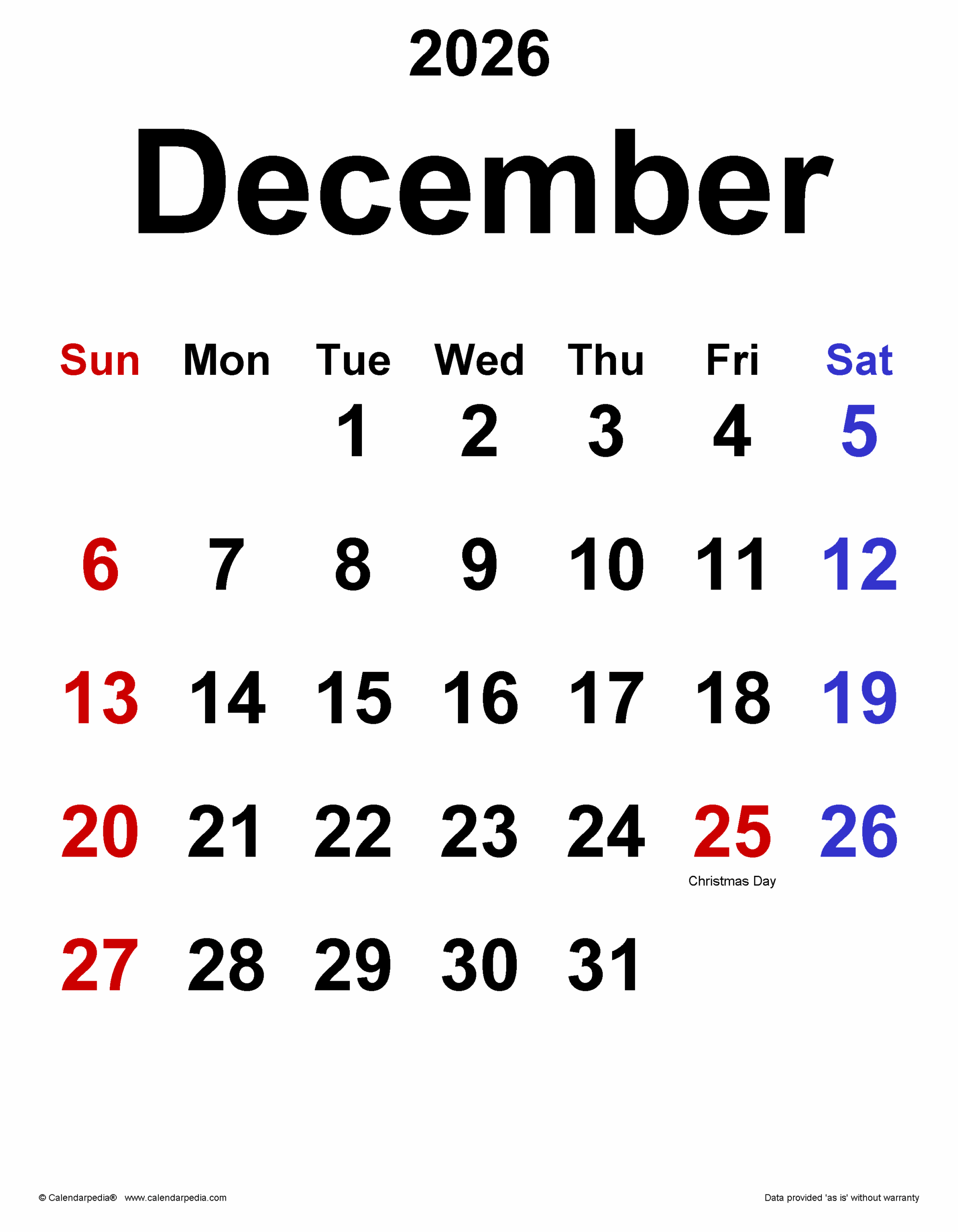 December 2026 Calendar Templates For PDF Excel And Word