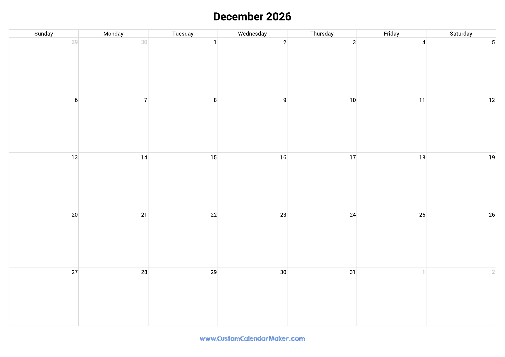 December Calendar 2026 Printable Large