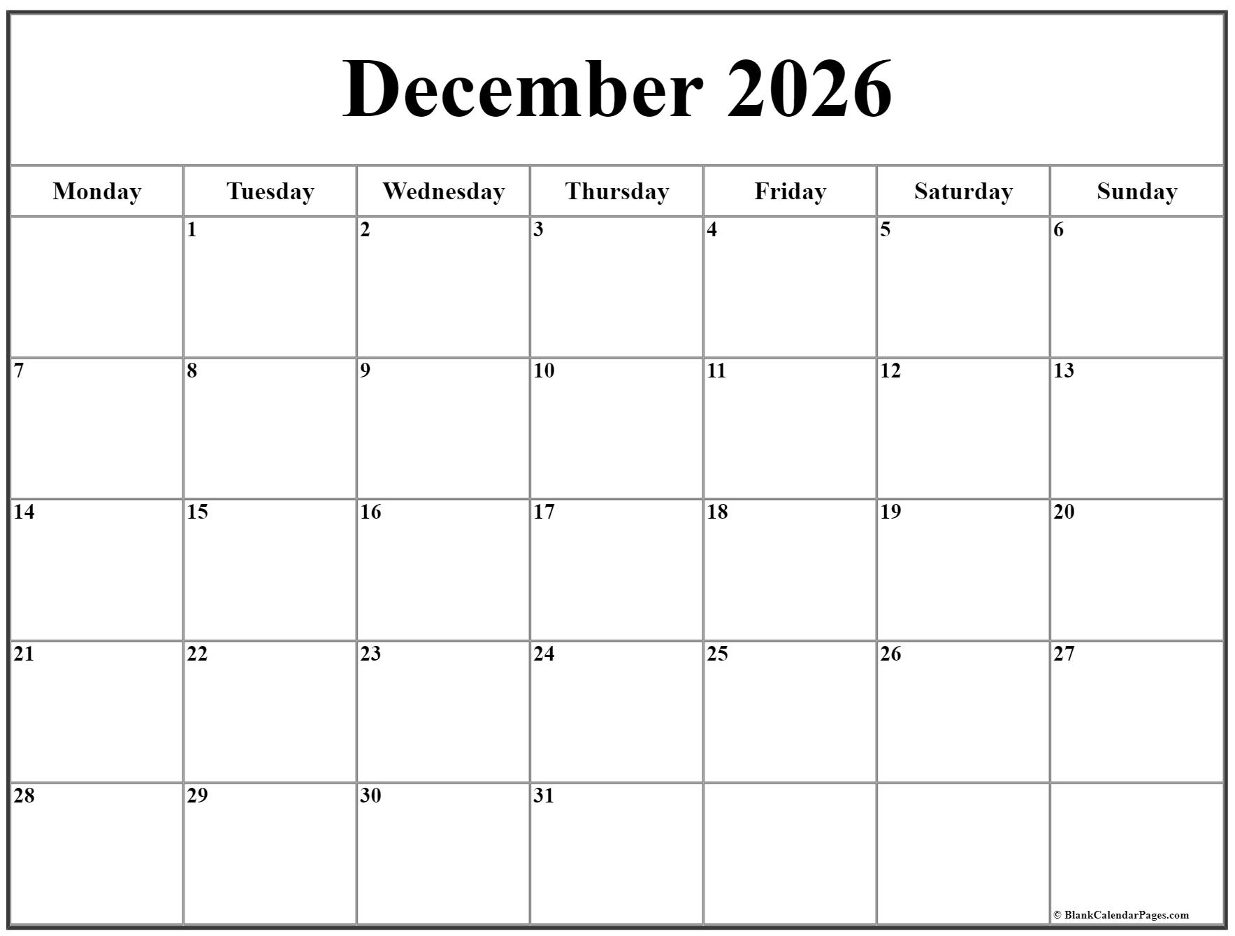 December 2026 Monday Calendar Monday To Sunday