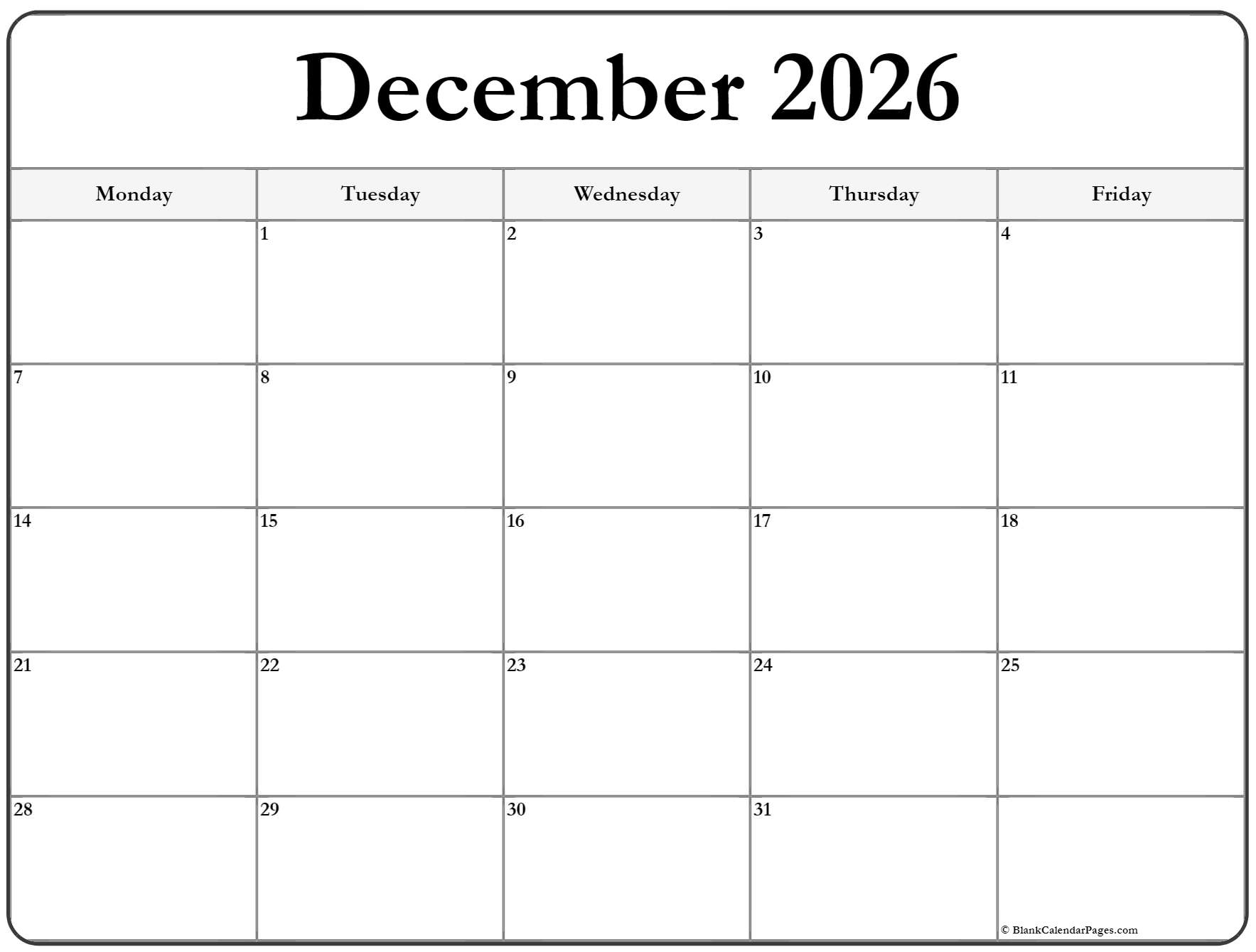 2026 Printable Calendar December