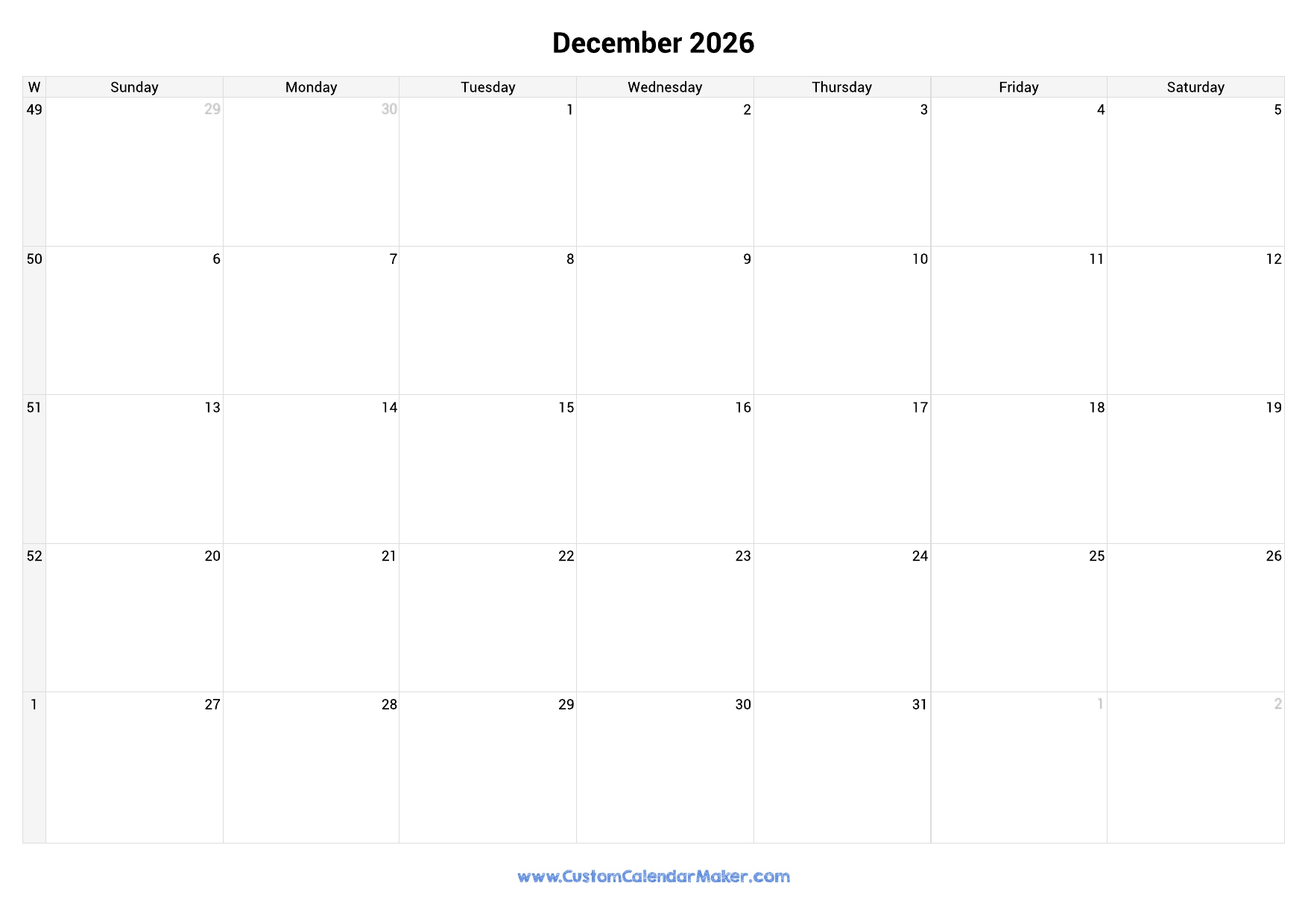 December 2026 Printable Calendar With Week Numbers Custom December 2026 Printable Calendar With Week Numbers Custom