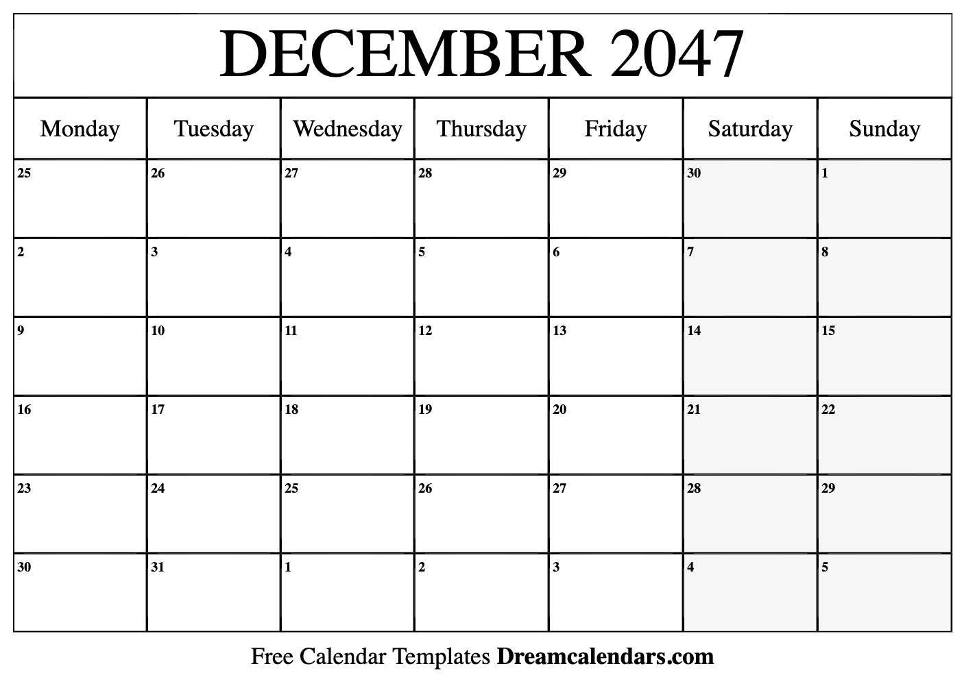 Printable Calendar December 2047