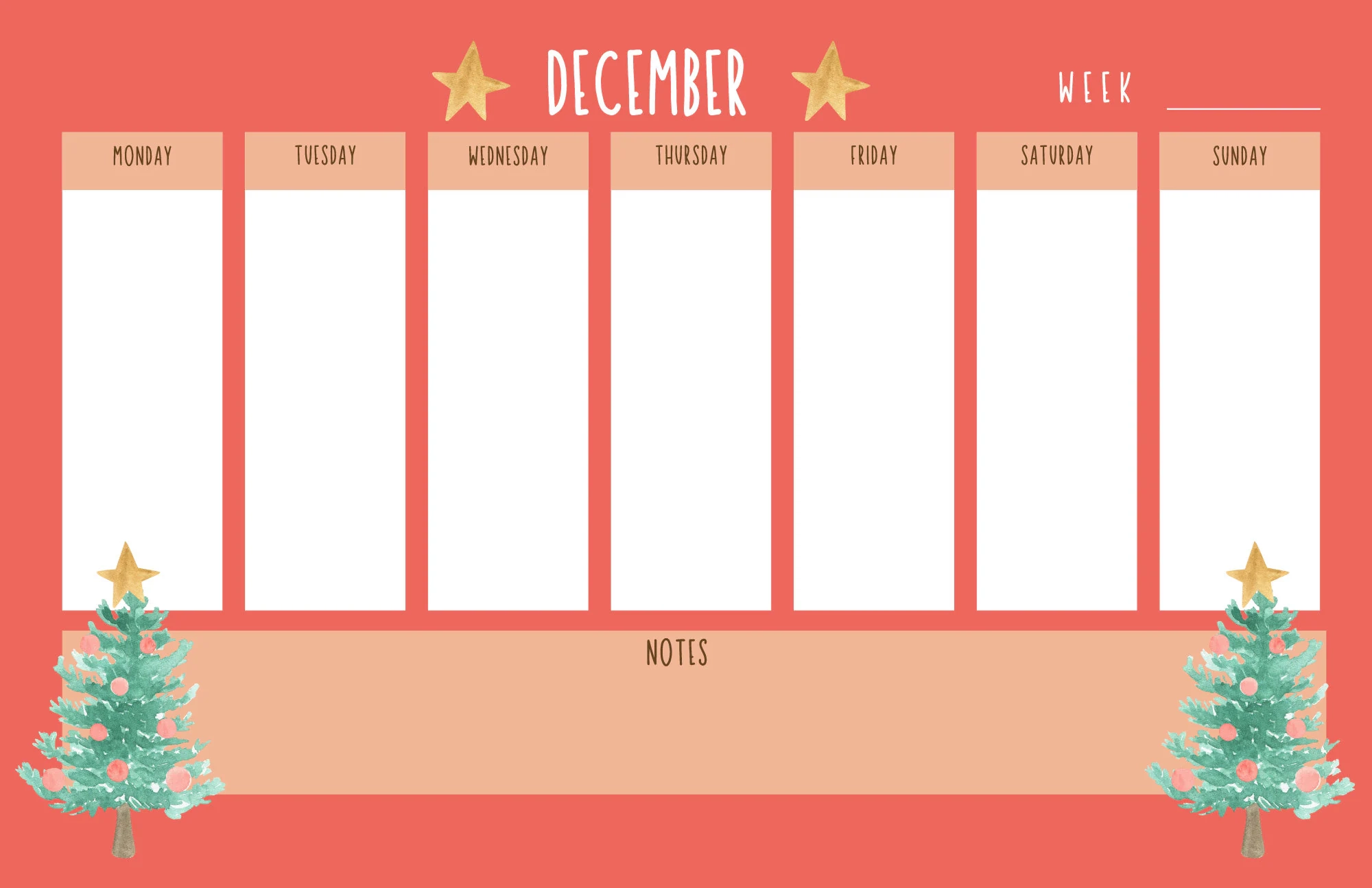 December Blank Weekly Calendar Christmas Trees Weekly Planner 