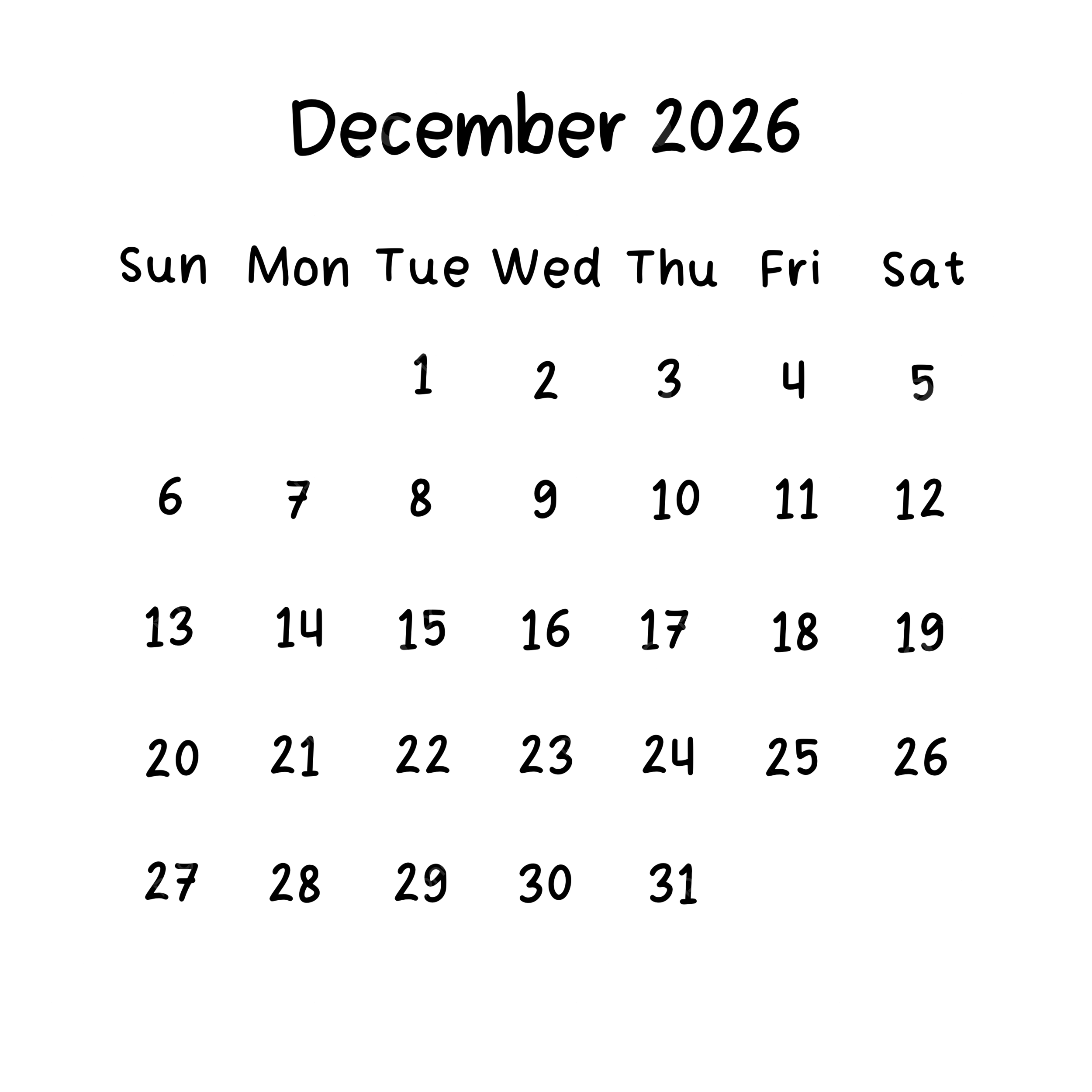 December Monthly Calendar 2026 In Black Color December 2026 