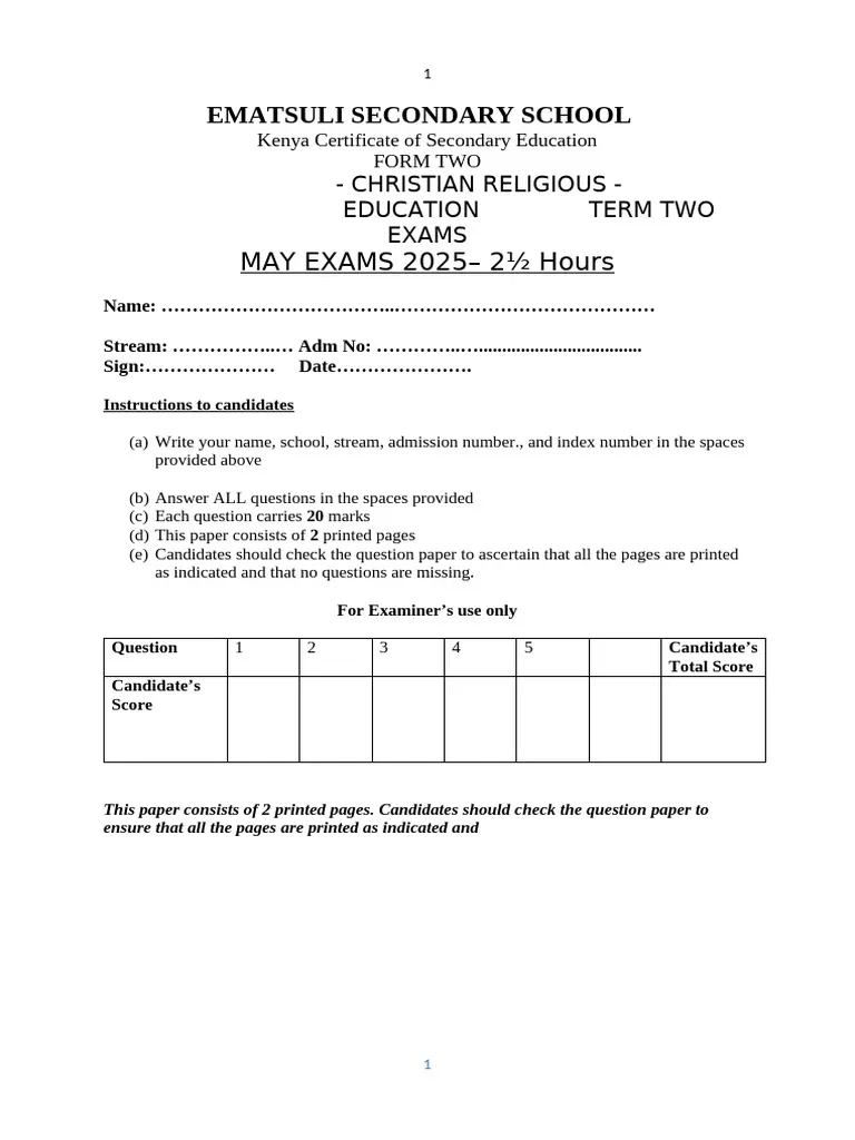 DOC 20250527 Form 2 Mid Term Exam2025 PDF Jesus Bible