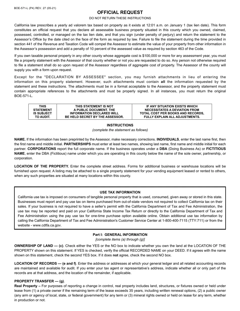 Download Instructions For Form BOE 571 L Business Property 
