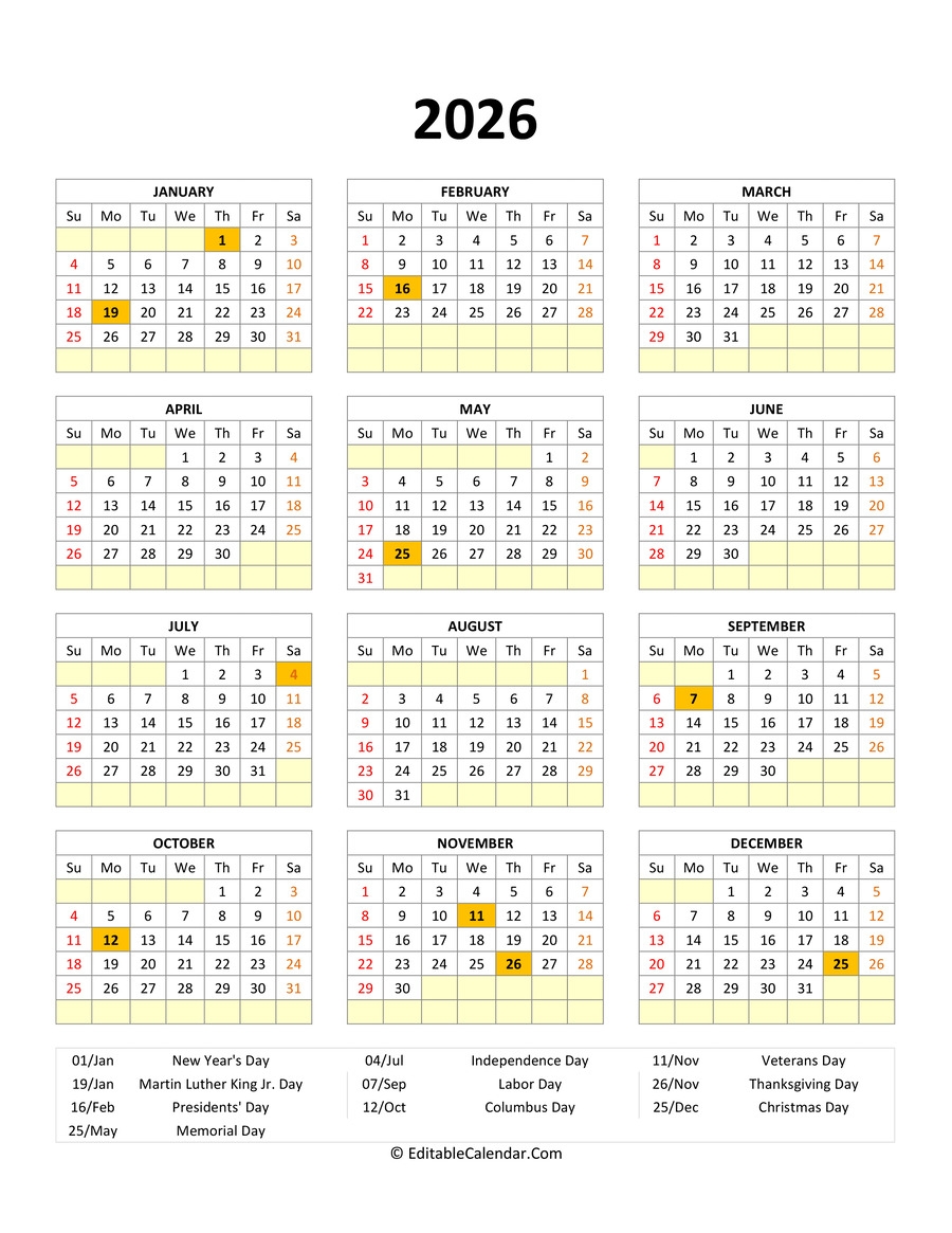 Printable Fillable Calendar 2026