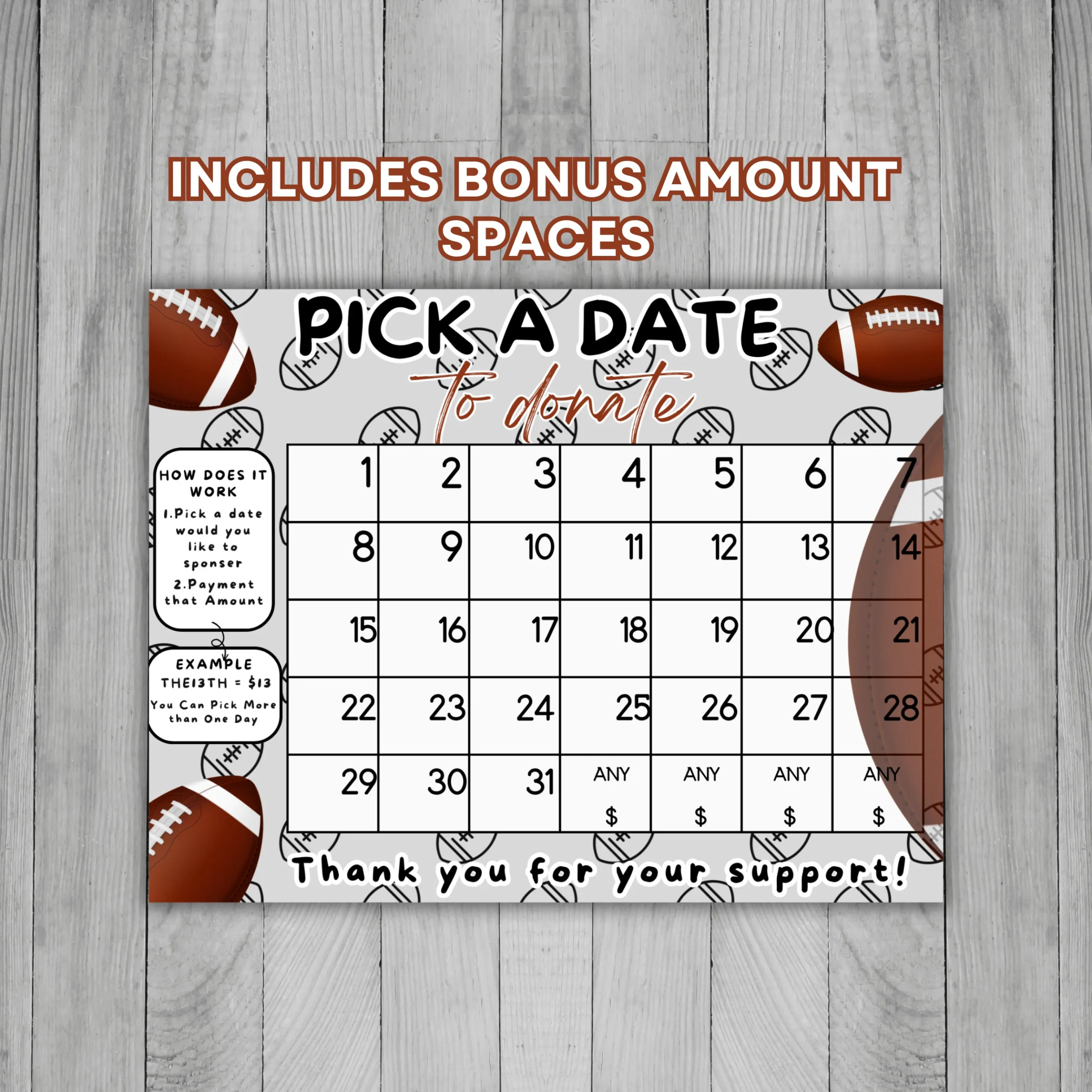 Editable Football Fundraiser Calendar Pick A Date To Donate Football Calendar Fundraiser Football Fundraiser Template Football Flyer