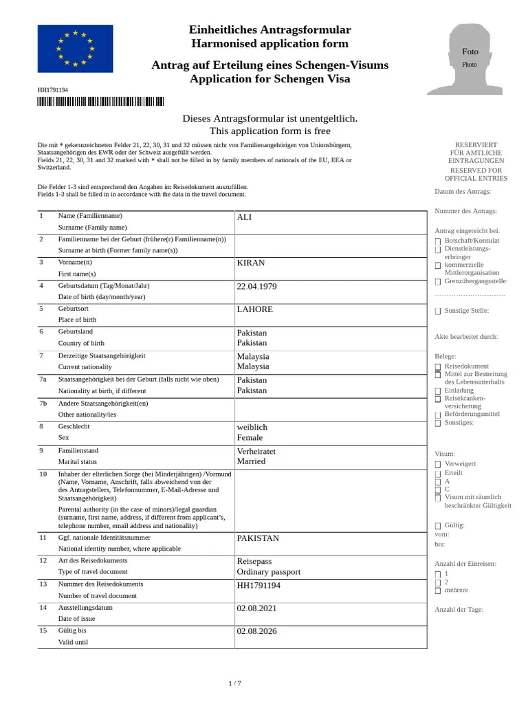 Einheitliches Antragsformular Harmonised Application Form Antrag 