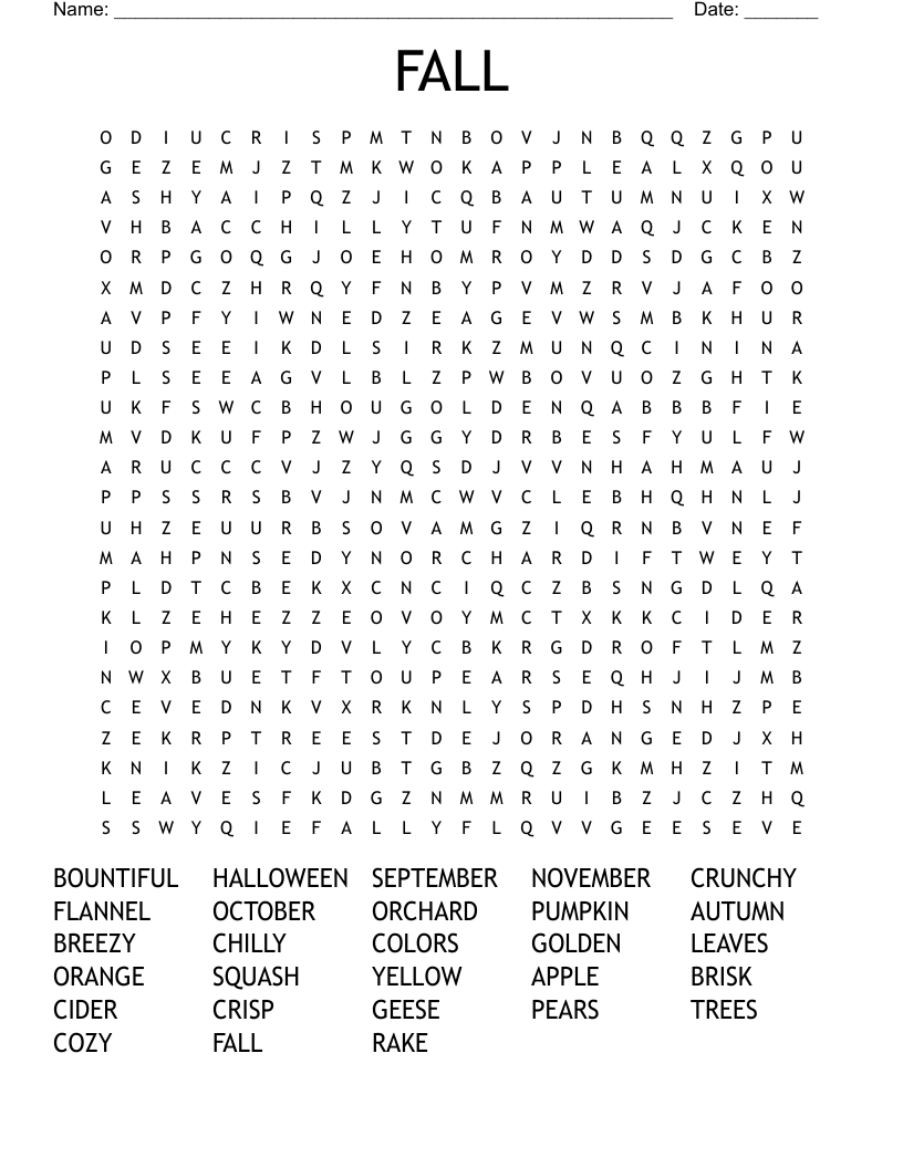 Autumn Word Search Free Printable