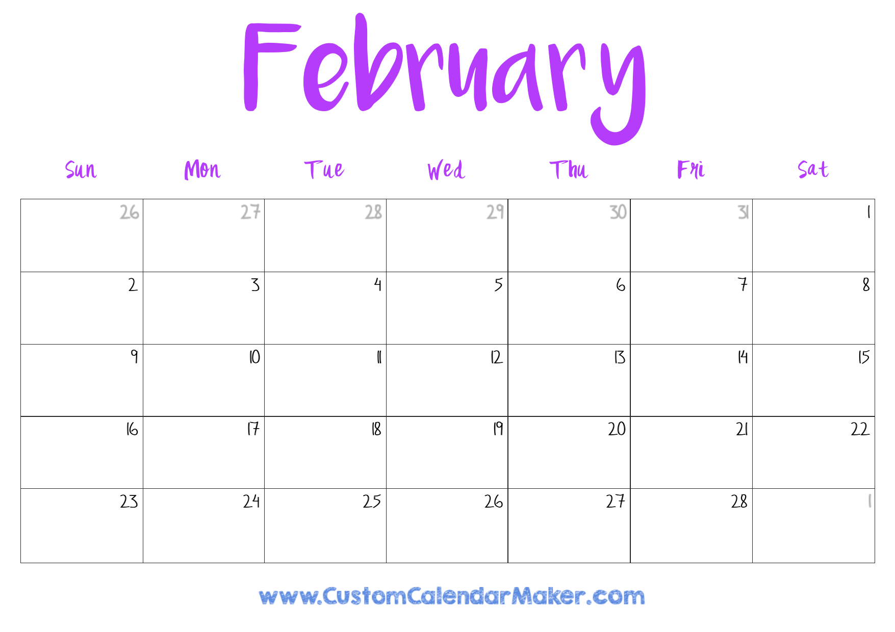 Cute Printable Blank February Calendar