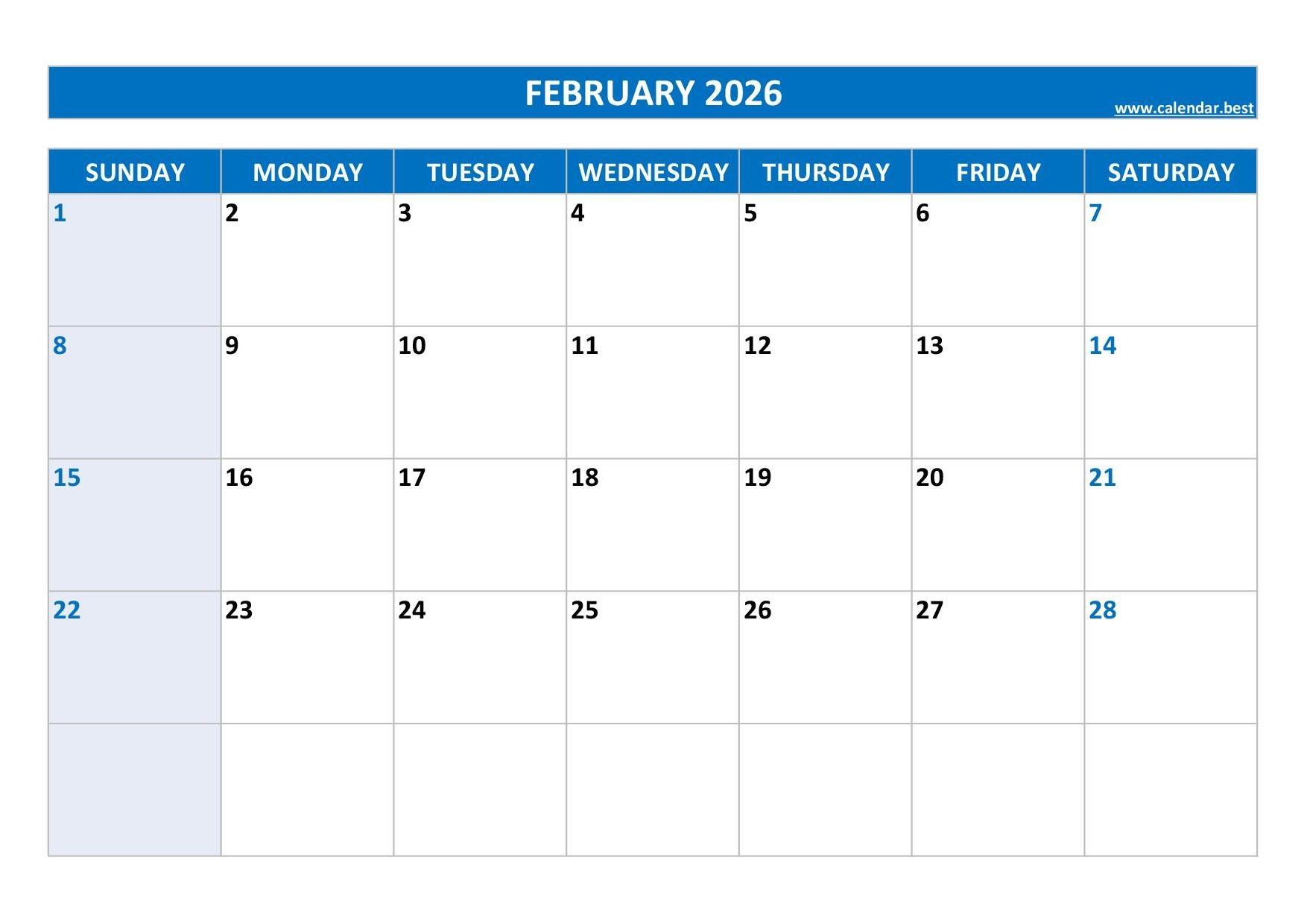 February 2026 Monthly Calendar