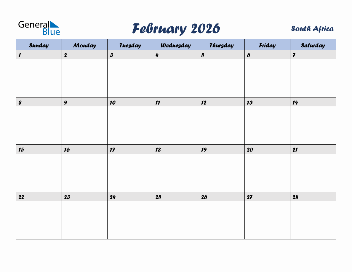 February 2026 Monthly Calendar Template With Holidays For South Africa