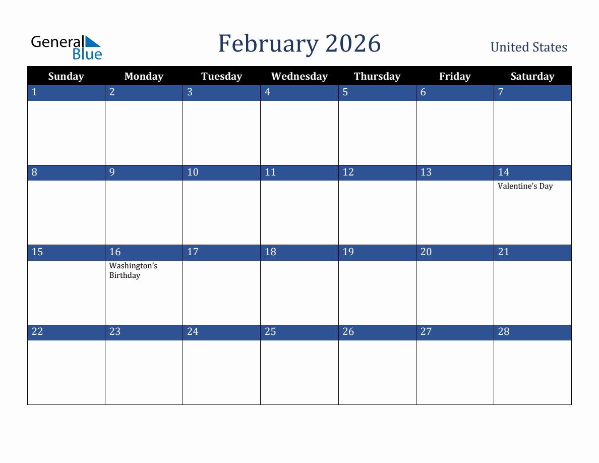 February 2026 United States Holiday Calendar