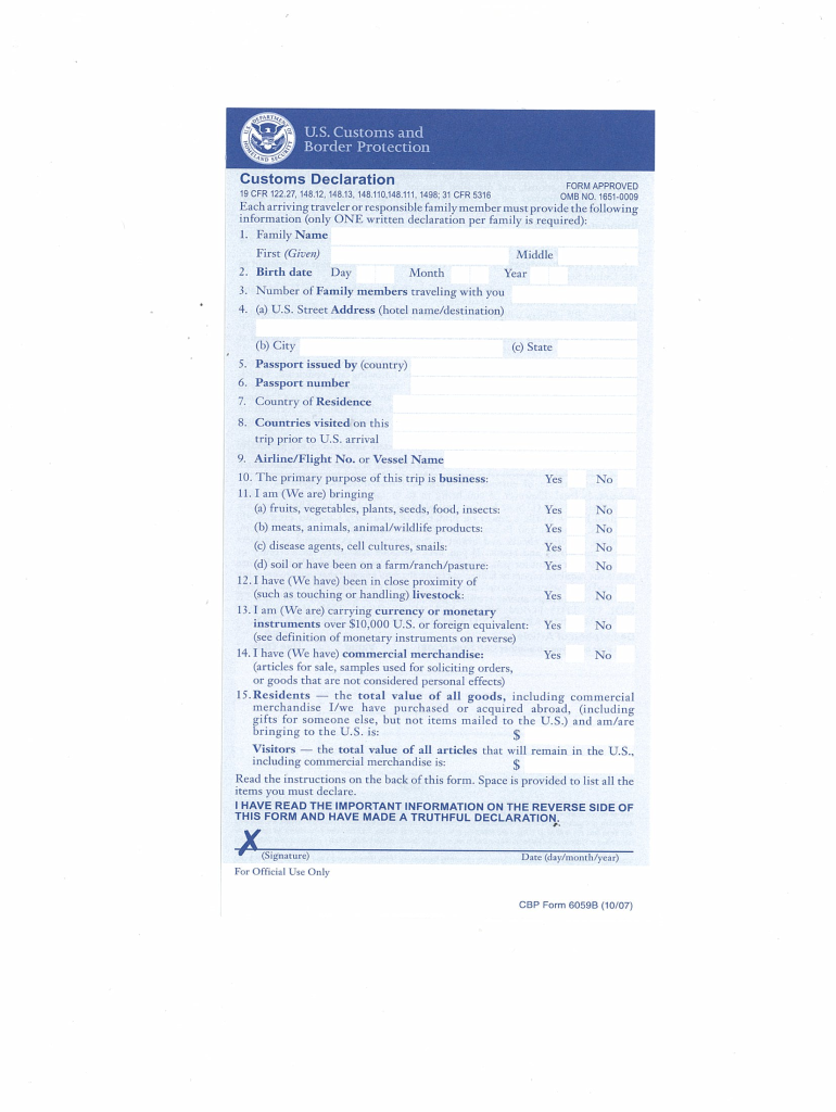 Cbp Declaration Form 6059b Printable
