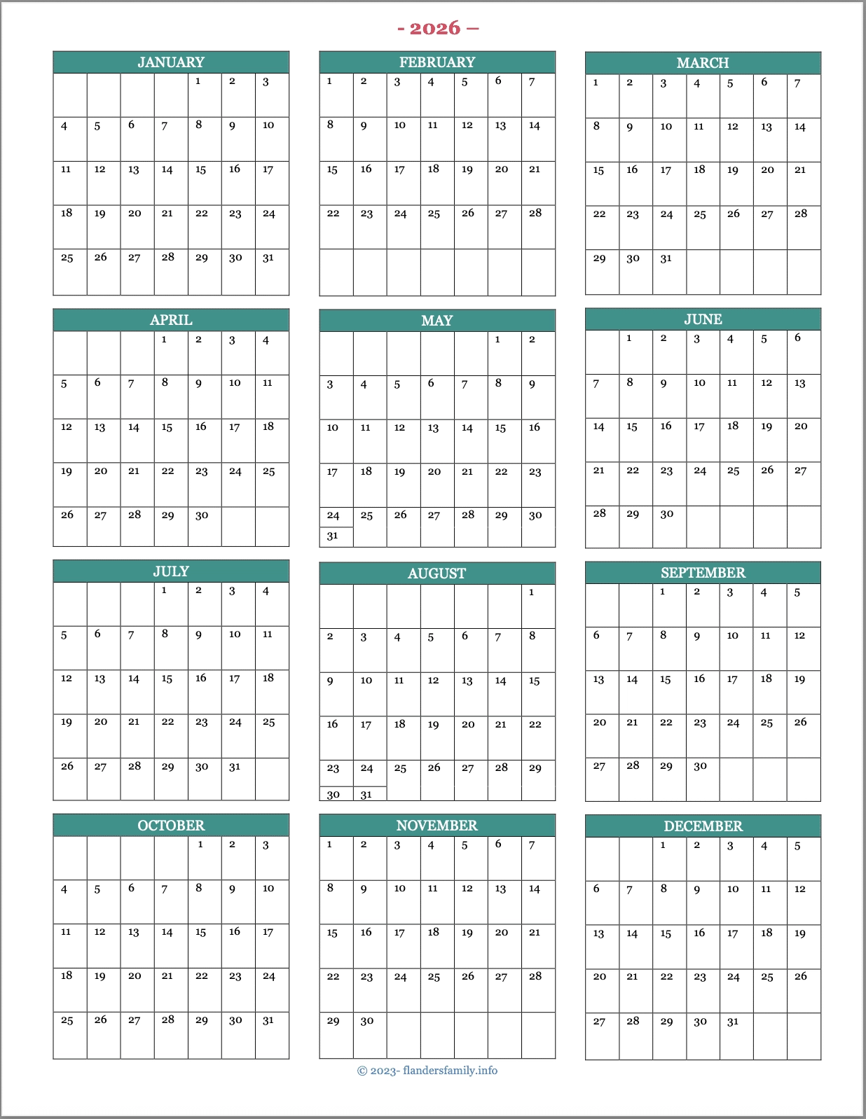 2026 Small Printable Calendar