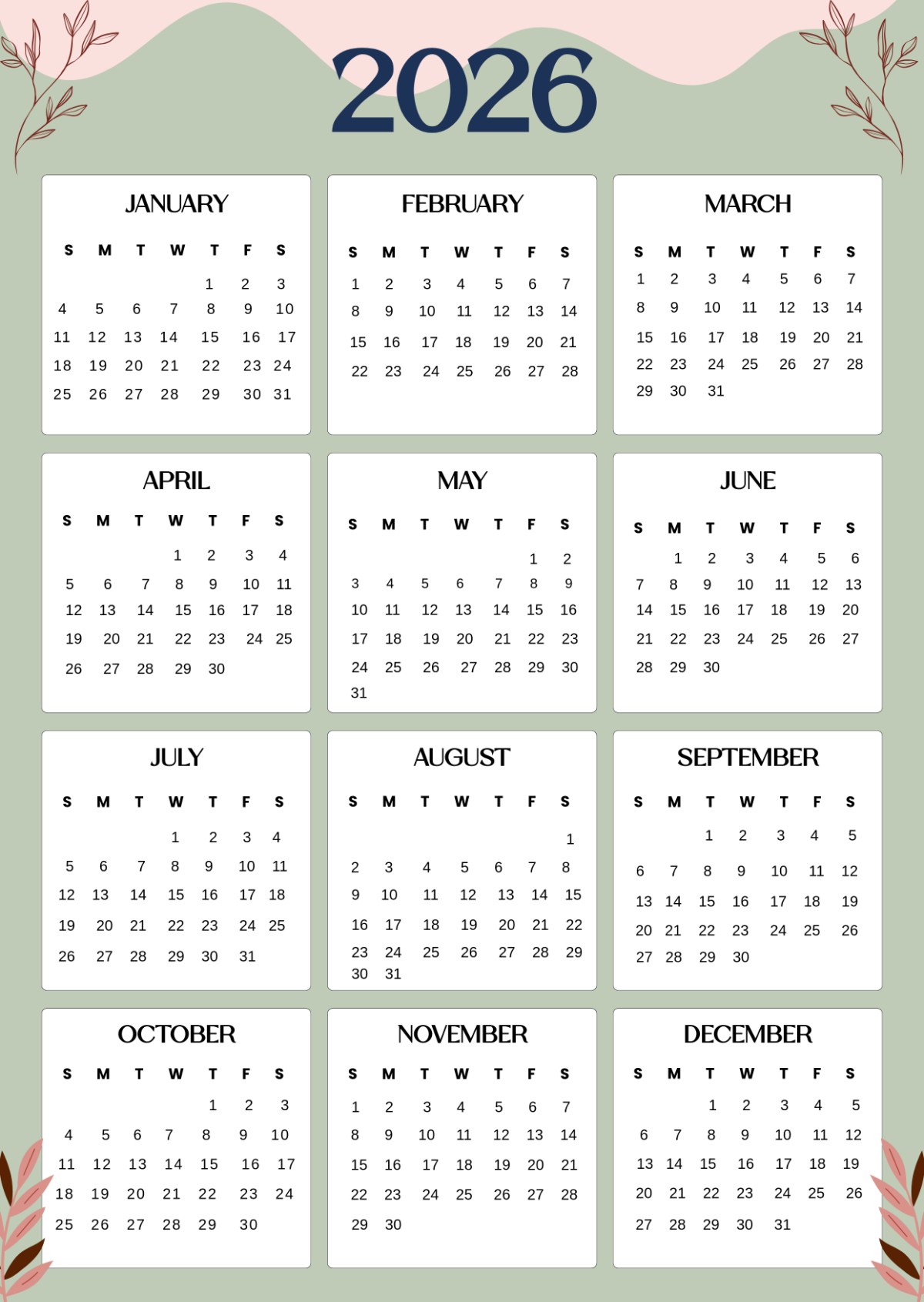 Free 2026 Printable Blank Calendar One Page