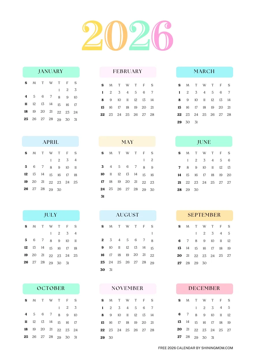 Free 2026 Year Calendar Printable