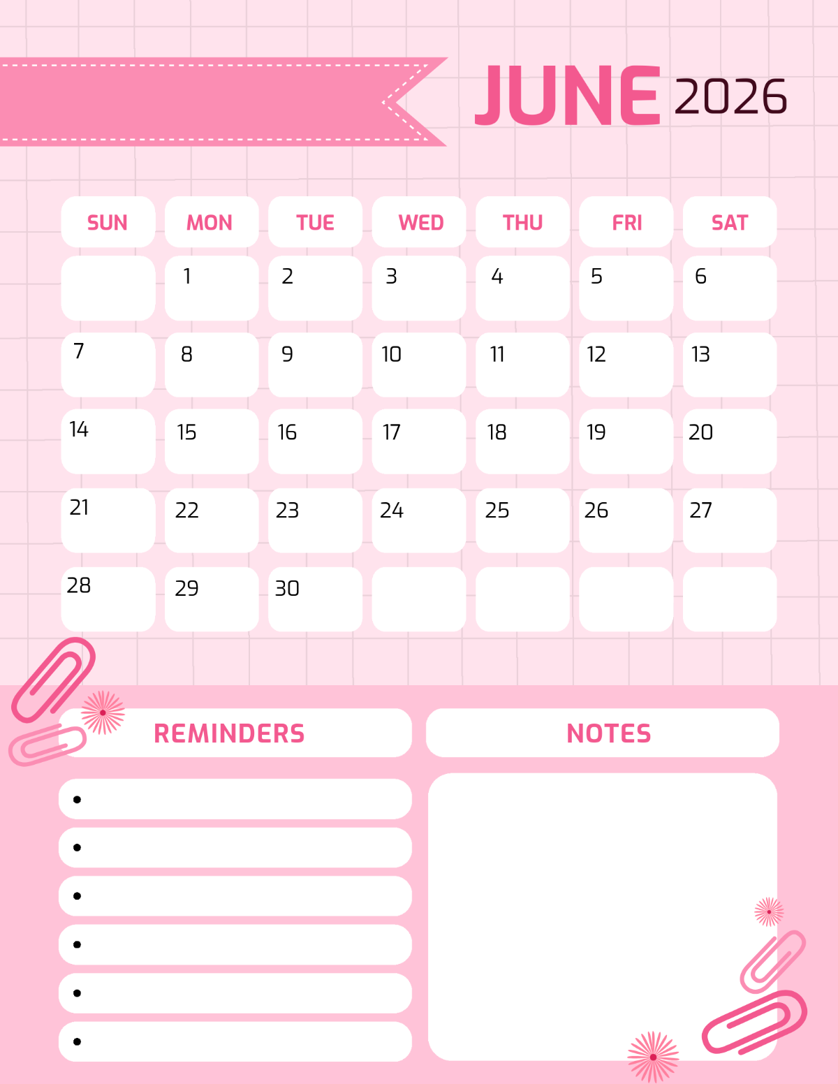 Blank June Calendar 2026 Editable