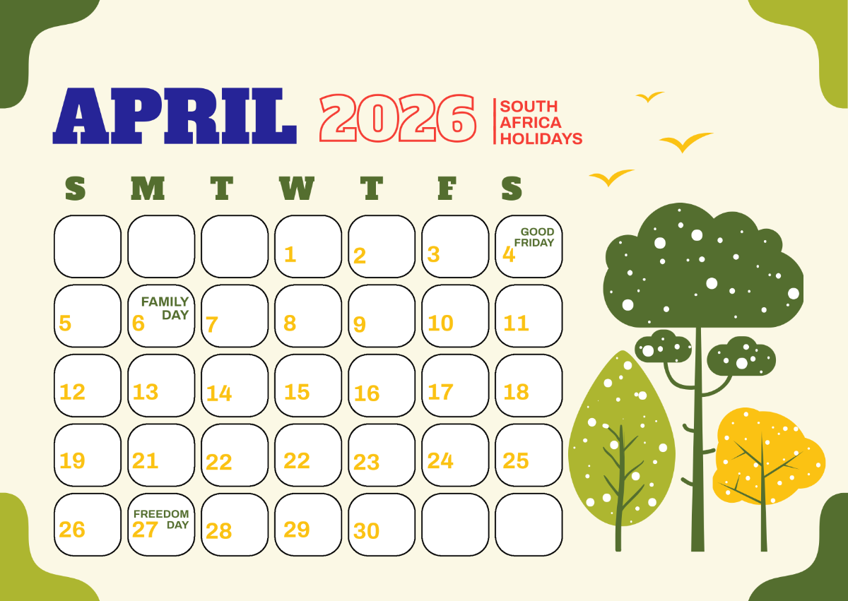 Free April 2026 South Africa Calendar Template To Edit Online
