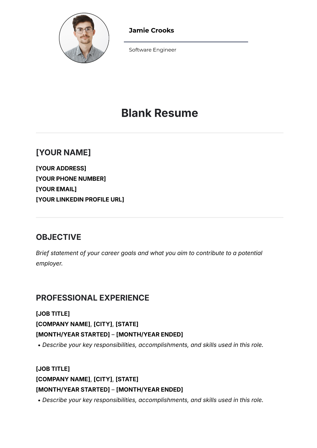 Printable Fillable Blank Resume Template