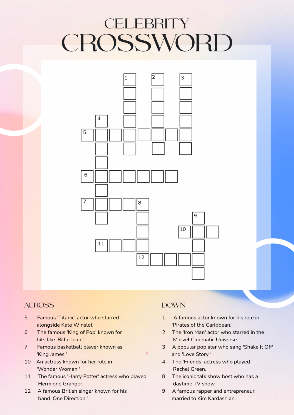 Free Celebrity Crossword Template To Edit Online