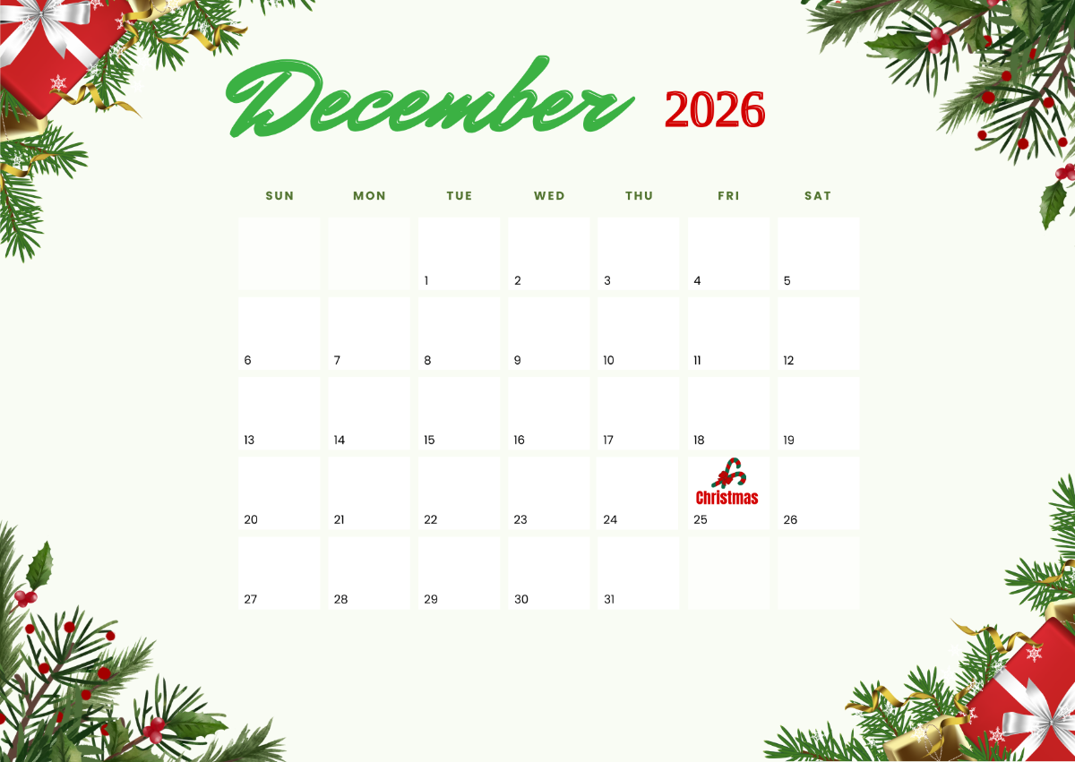 December 2026 Calendar Christmas Theme Printable