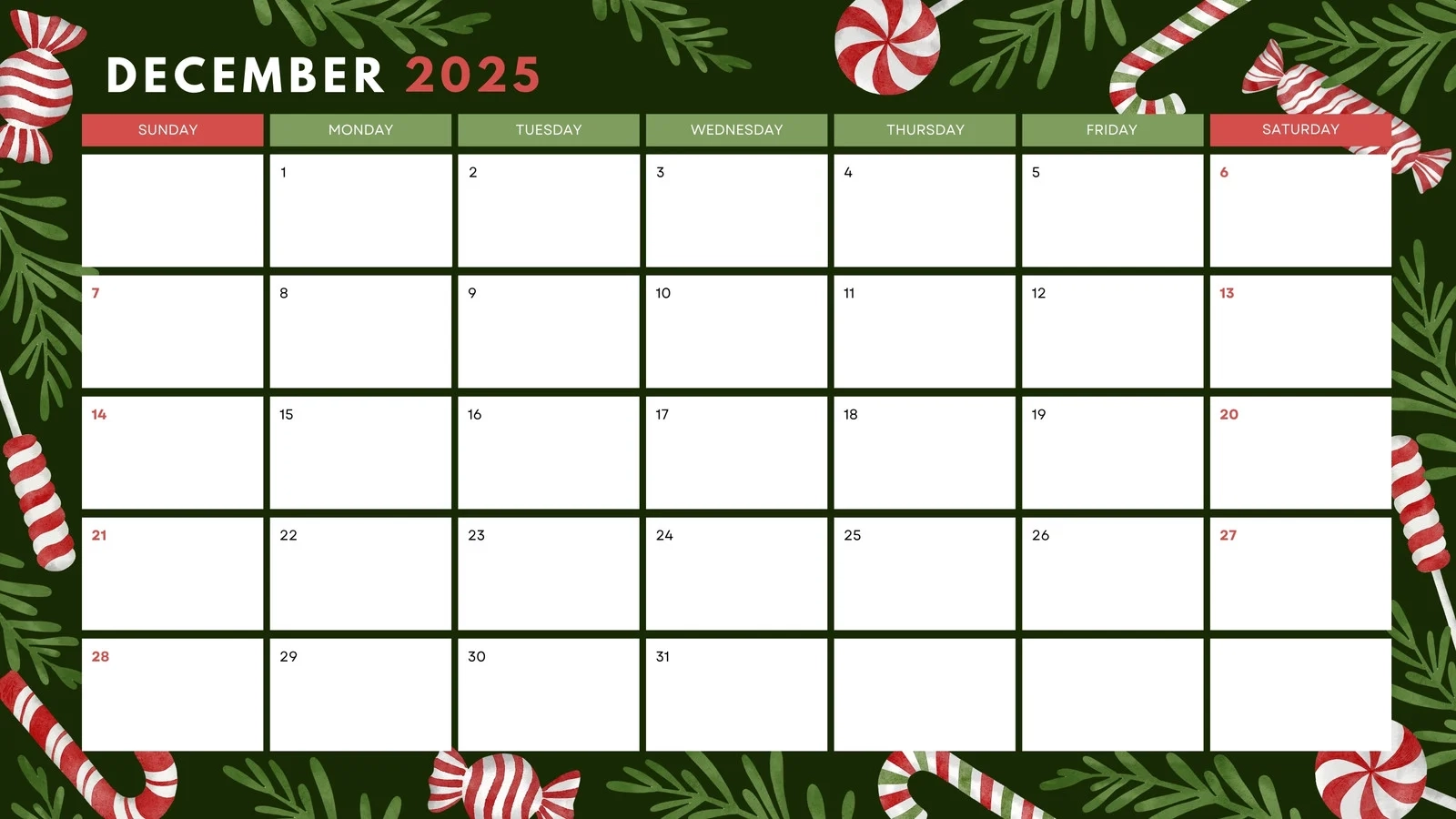 December Calendar Template Printable