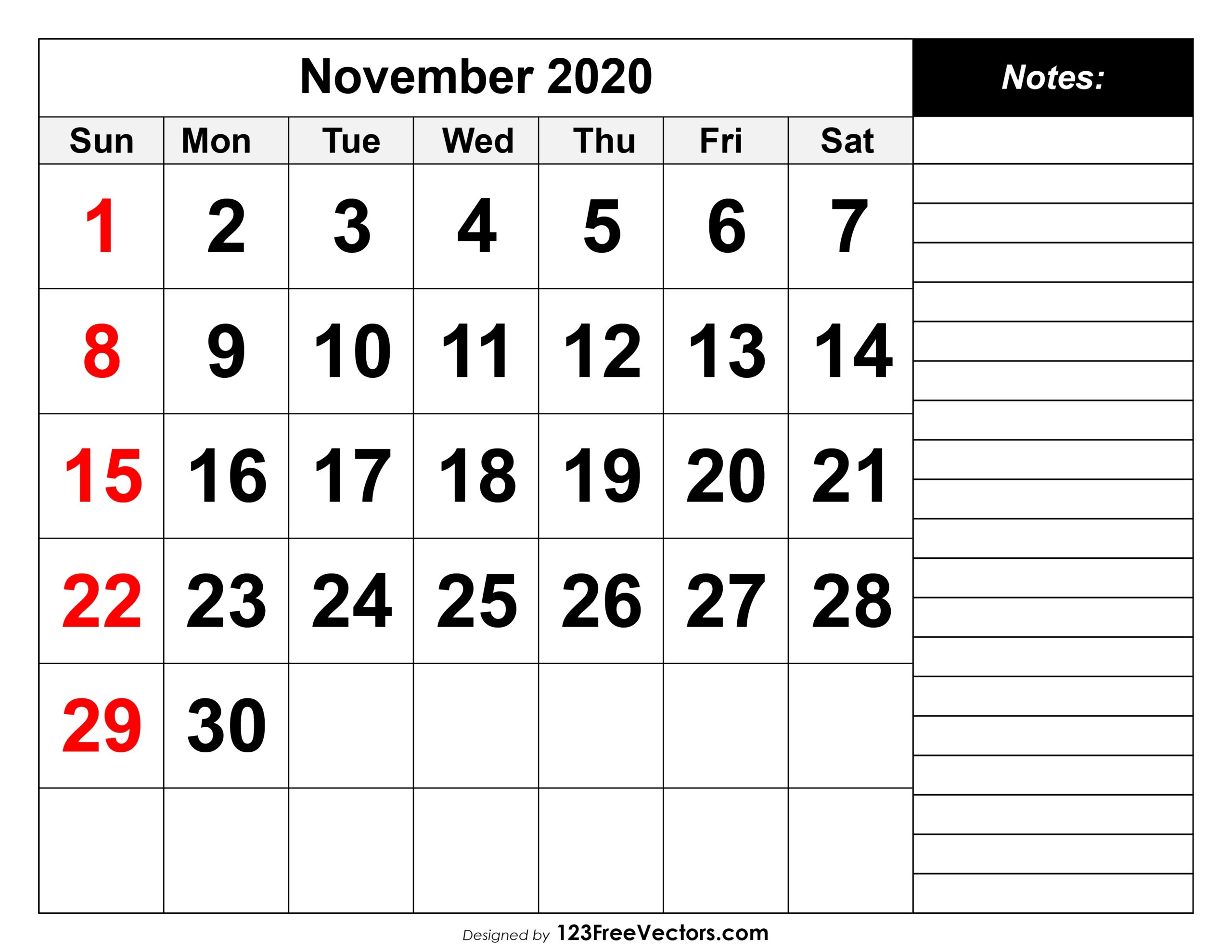 Free Download November 2020 Calendar With Notes Section